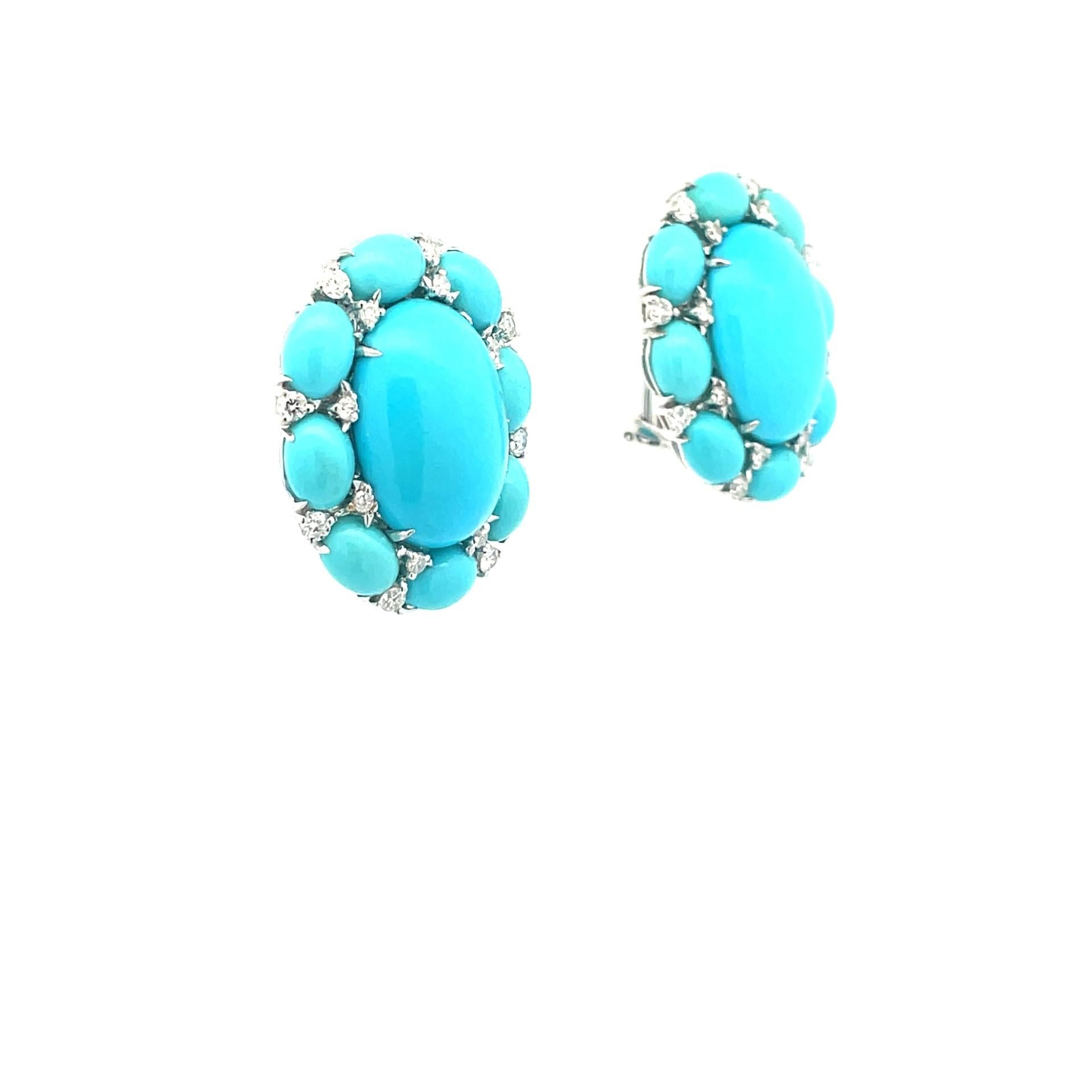 Round Cut Oval Turquoise & Natural White Diamond Earrings in 18 Karat White Gold  For Sale