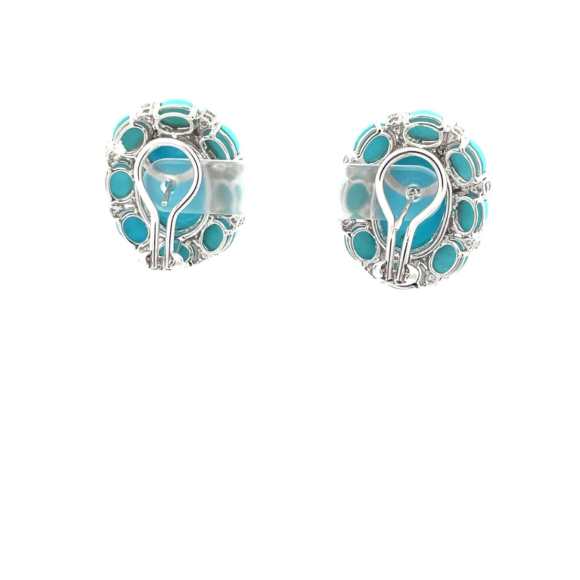 Women's Oval Turquoise & Natural White Diamond Earrings in 18 Karat White Gold  For Sale