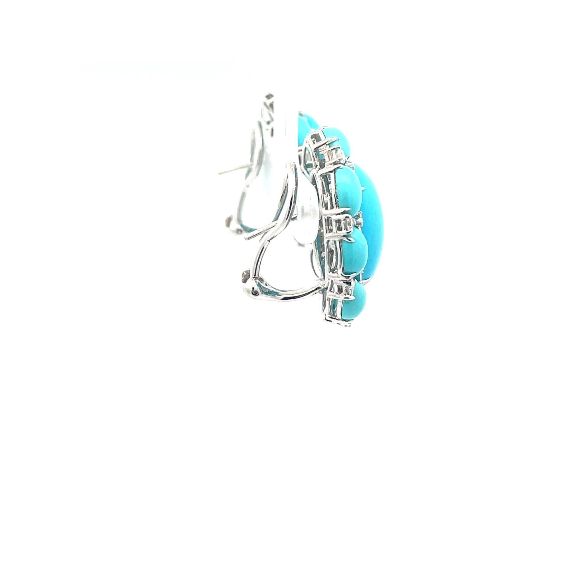 Oval Turquoise & Natural White Diamond Earrings in 18 Karat White Gold  For Sale 1