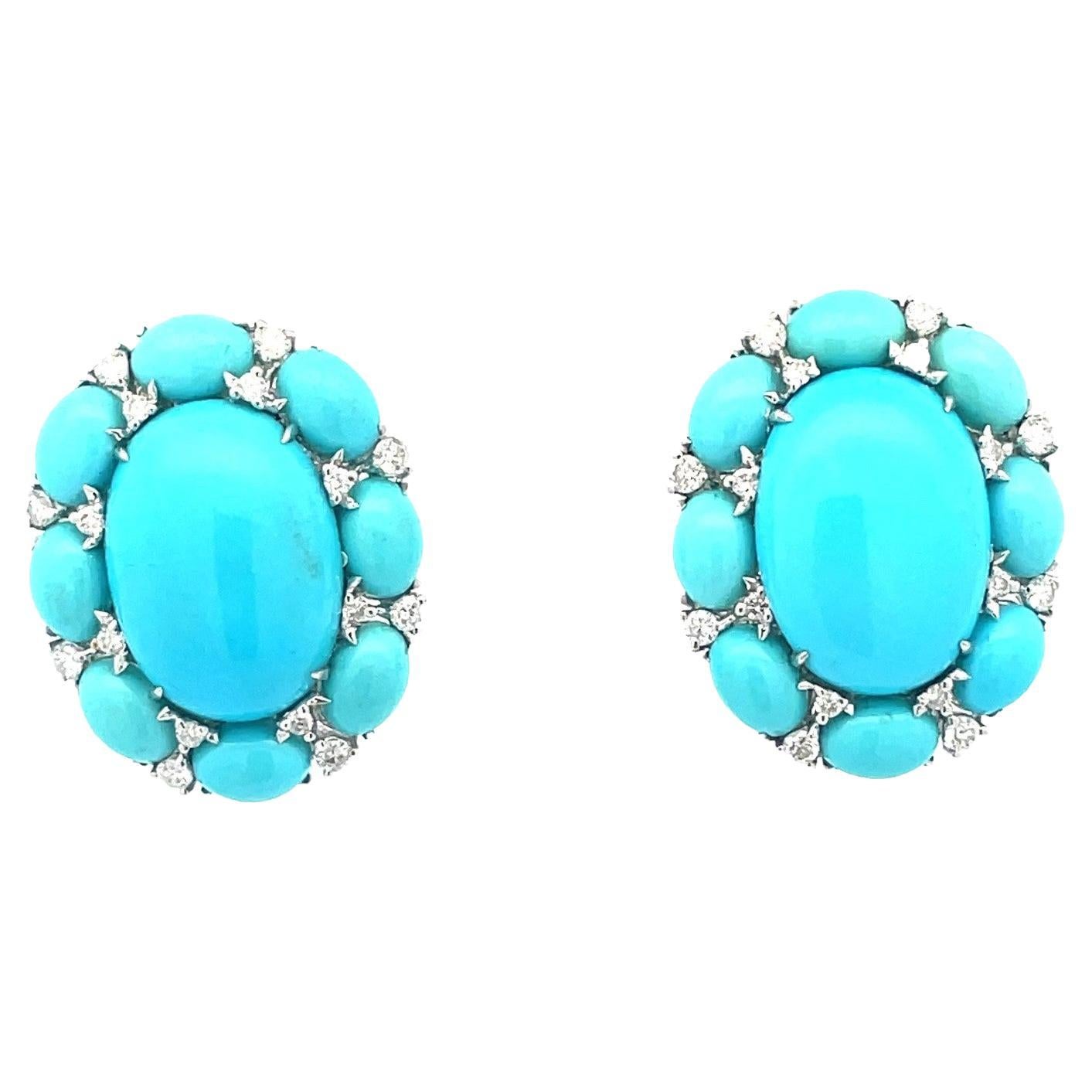 Oval Turquoise & Natural White Diamond Earrings in 18 Karat White Gold  For Sale