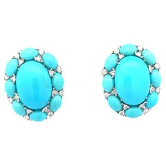 Oval Turquoise & Natural White Diamond Earrings in 18 Karat White Gold 