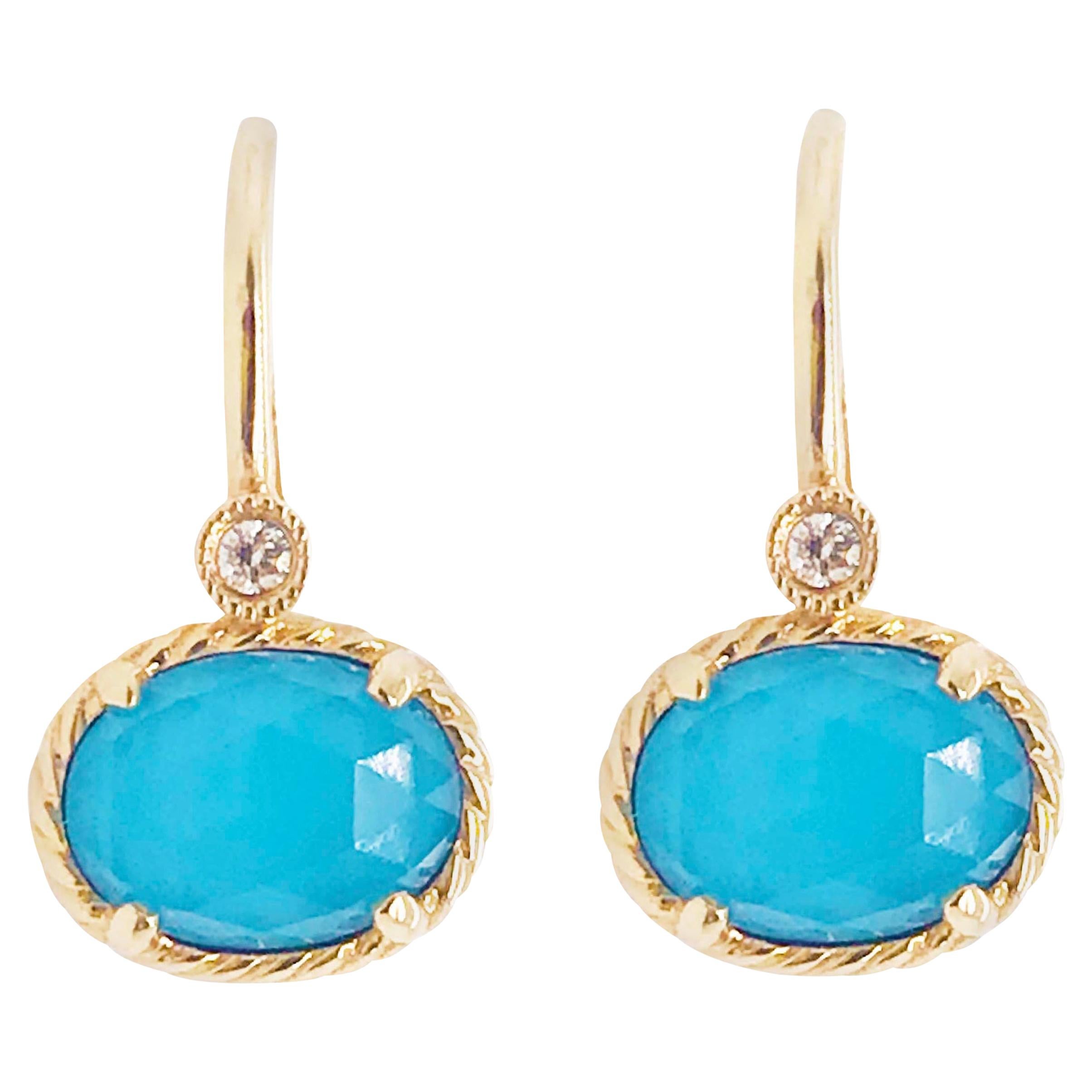 Oval Turquoise Rock Crystal & Diamond Earring Dangles in 14 Karat Gold Turquoise
