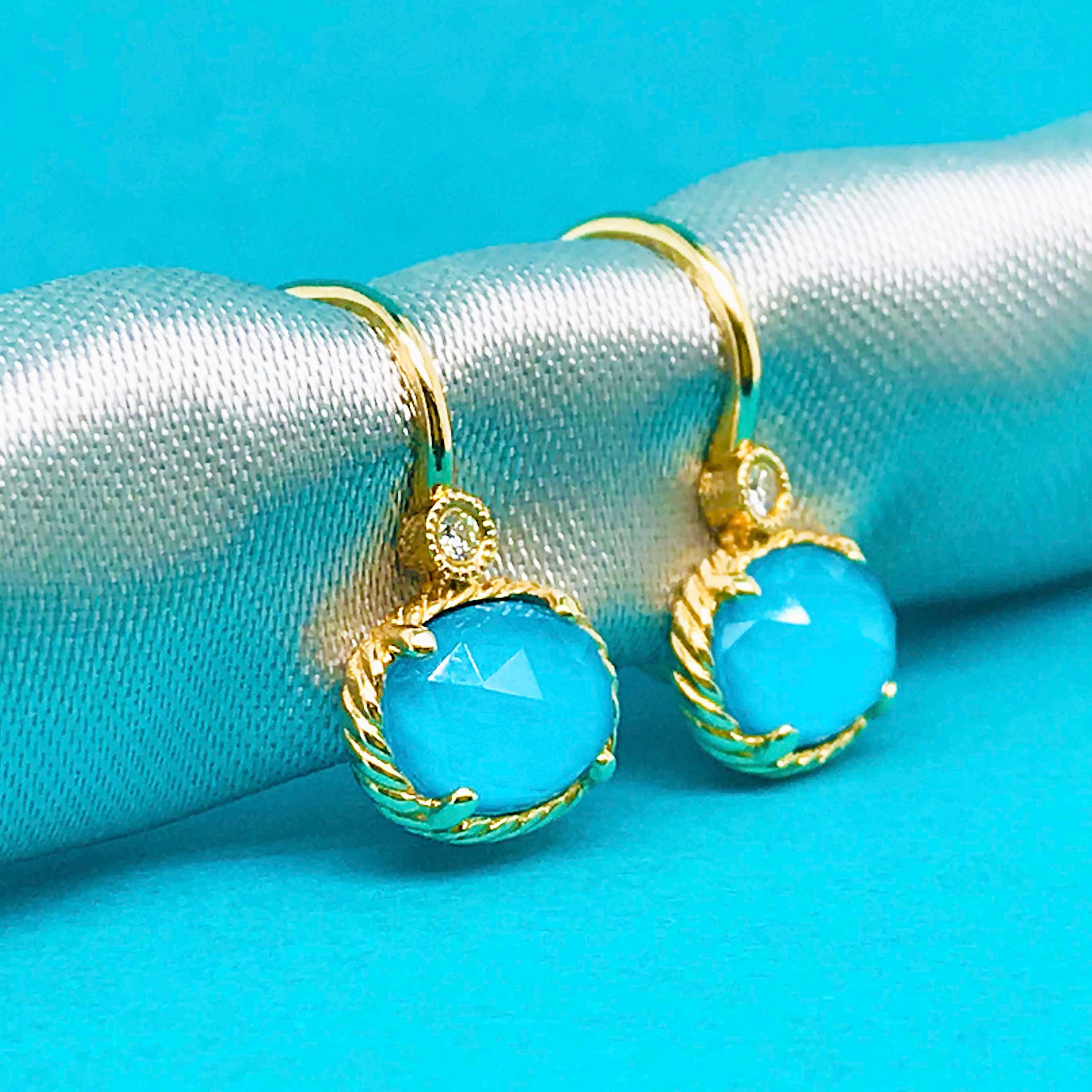Oval Turquoise Rock Crystal & Diamond Earring Dangles in 14 Karat Gold Turquoise For Sale 1