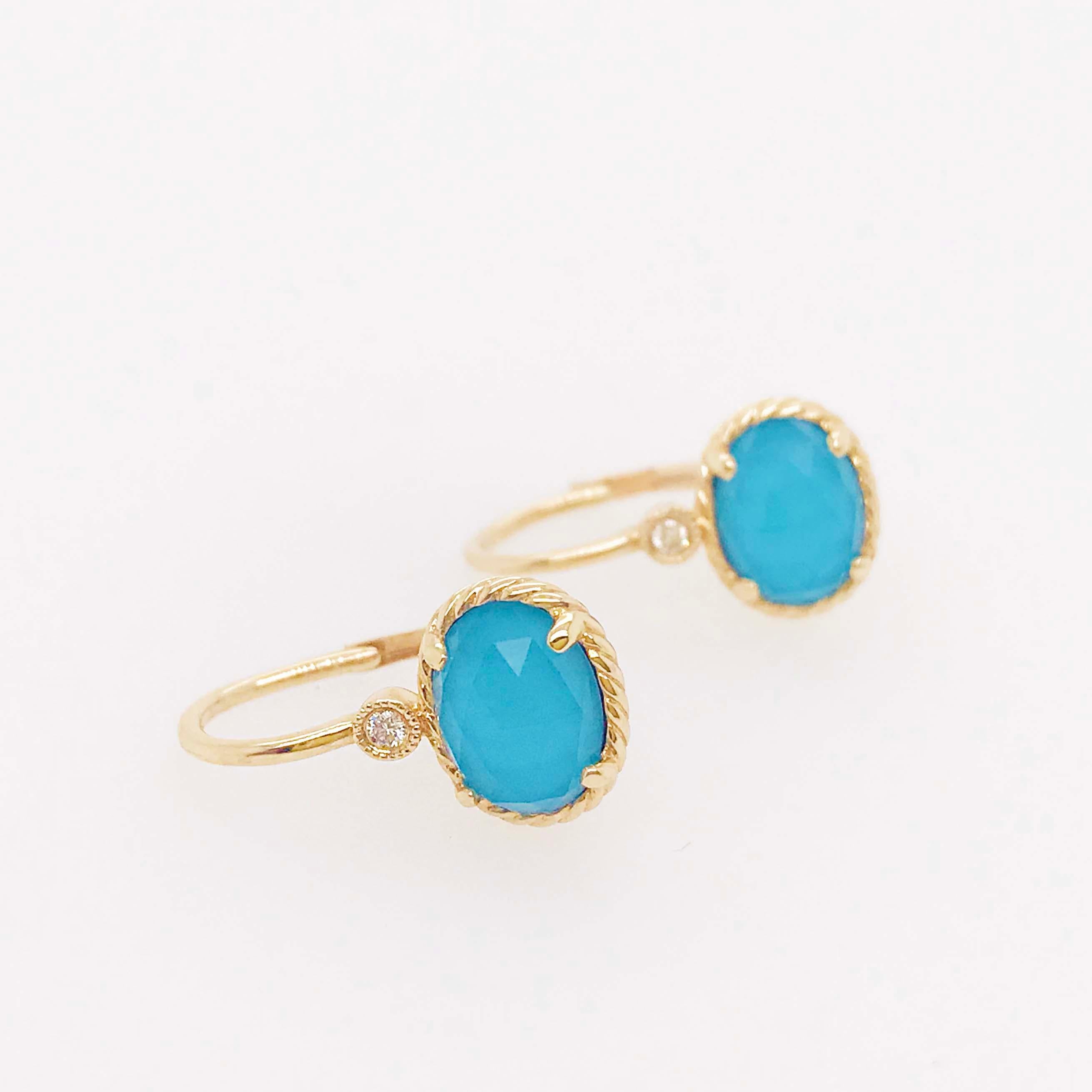 Oval Turquoise Rock Crystal & Diamond Earring Dangles in 14 Karat Gold Turquoise For Sale 2