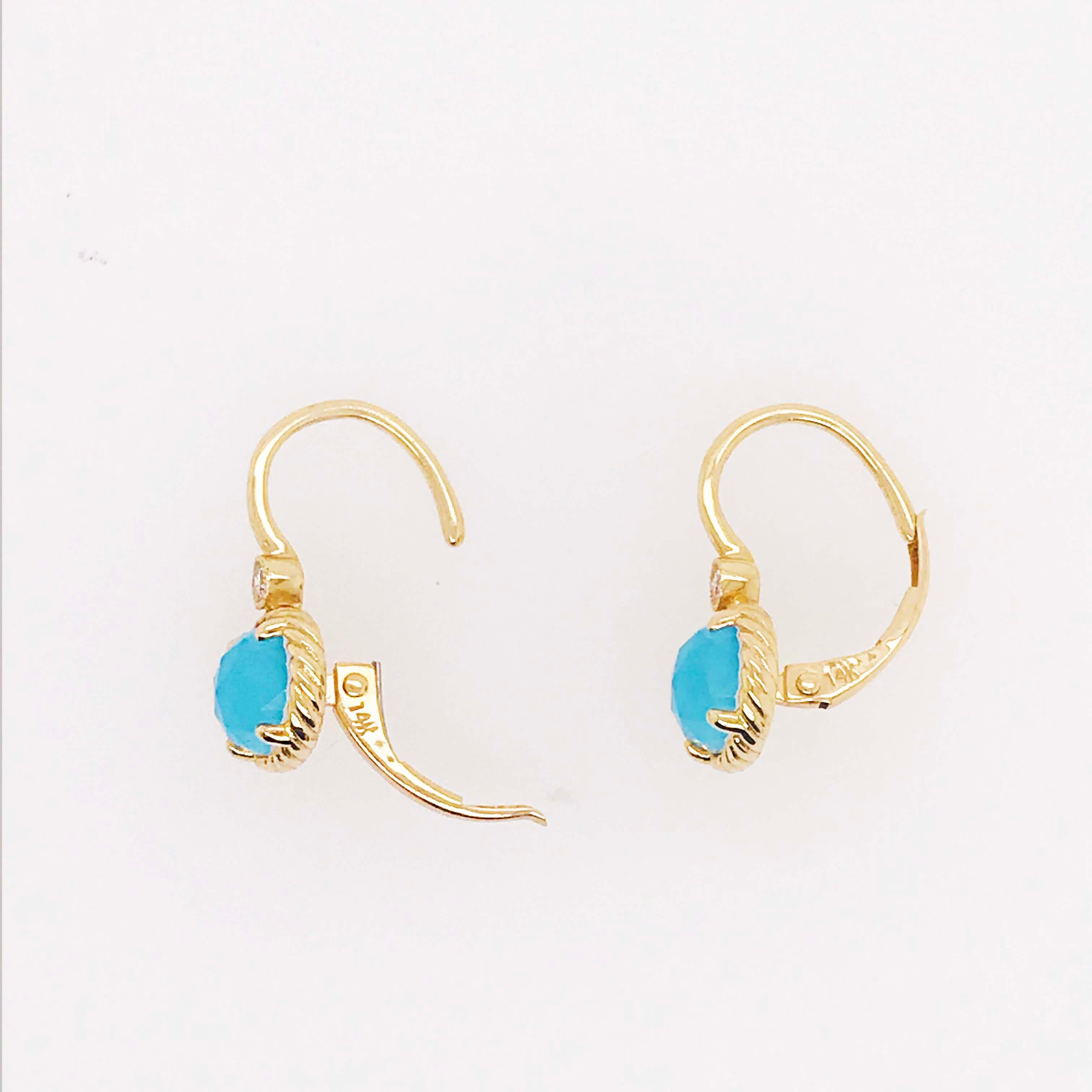 Oval Turquoise Rock Crystal & Diamond Earring Dangles in 14 Karat Gold Turquoise For Sale 3