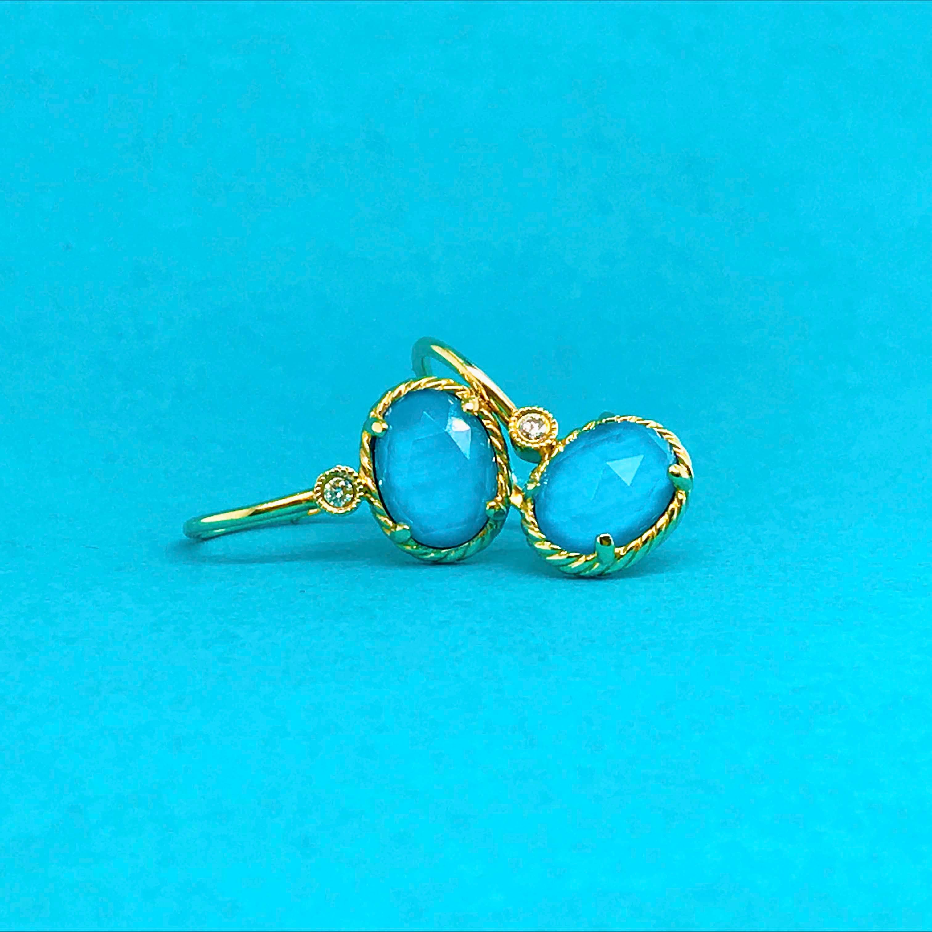 Modern Oval Turquoise Rock Crystal & Diamond Earring Dangles in 14 Karat Gold Turquoise For Sale