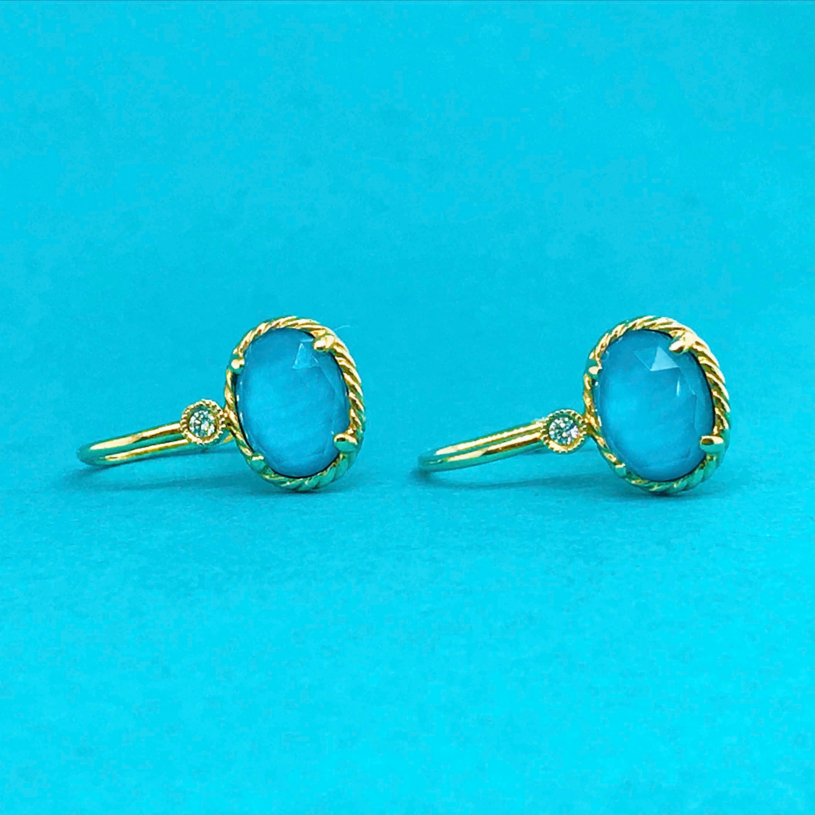 Oval Cut Oval Turquoise Rock Crystal & Diamond Earring Dangles in 14 Karat Gold Turquoise For Sale