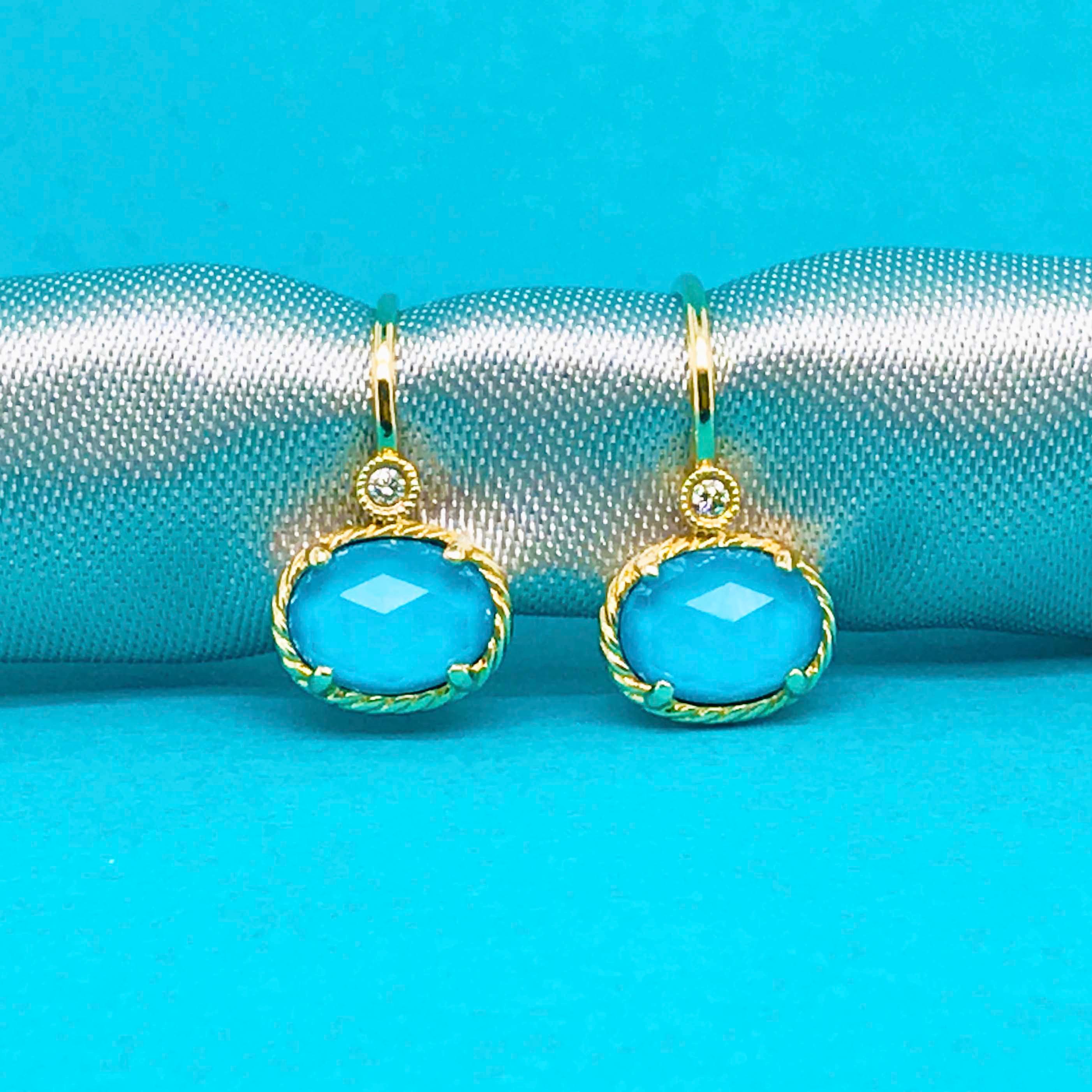 Oval Turquoise Rock Crystal & Diamond Earring Dangles in 14 Karat Gold Turquoise In New Condition For Sale In Austin, TX
