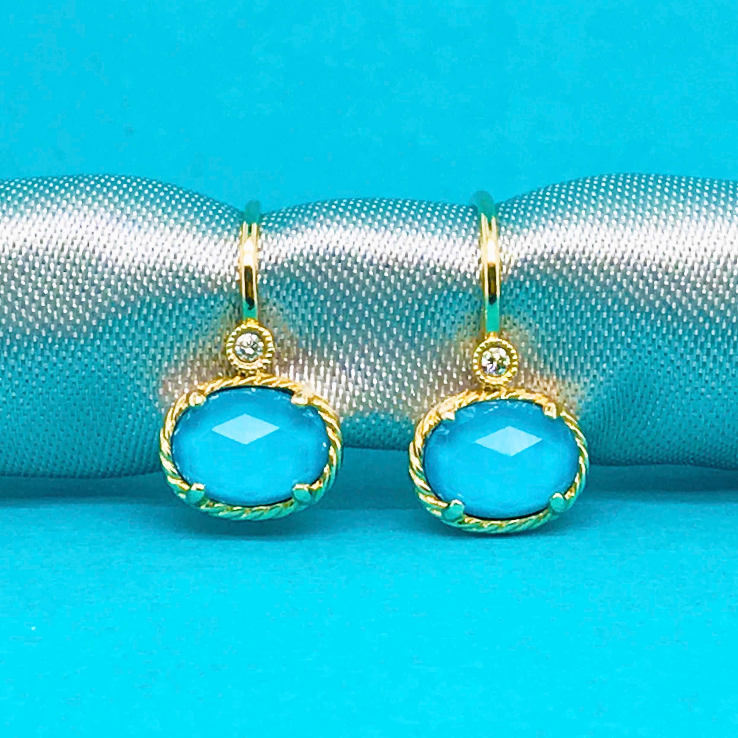 Women's Oval Turquoise Rock Crystal & Diamond Earring Dangles in 14 Karat Gold Turquoise For Sale