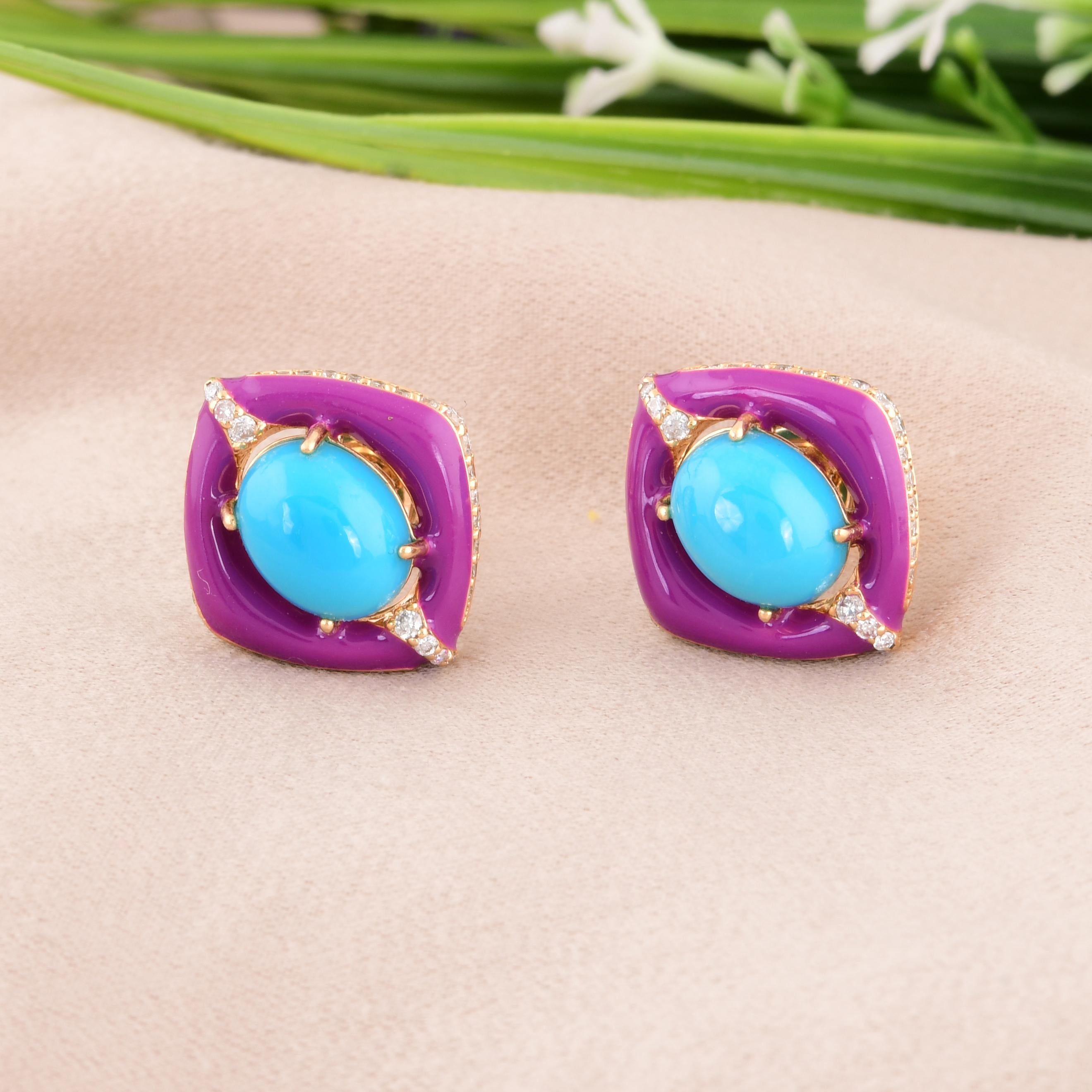 Art Déco Oval Turquoise Round Brilliant Diamond Enamel Stud Earrings 14k Yellow Gold in vendita