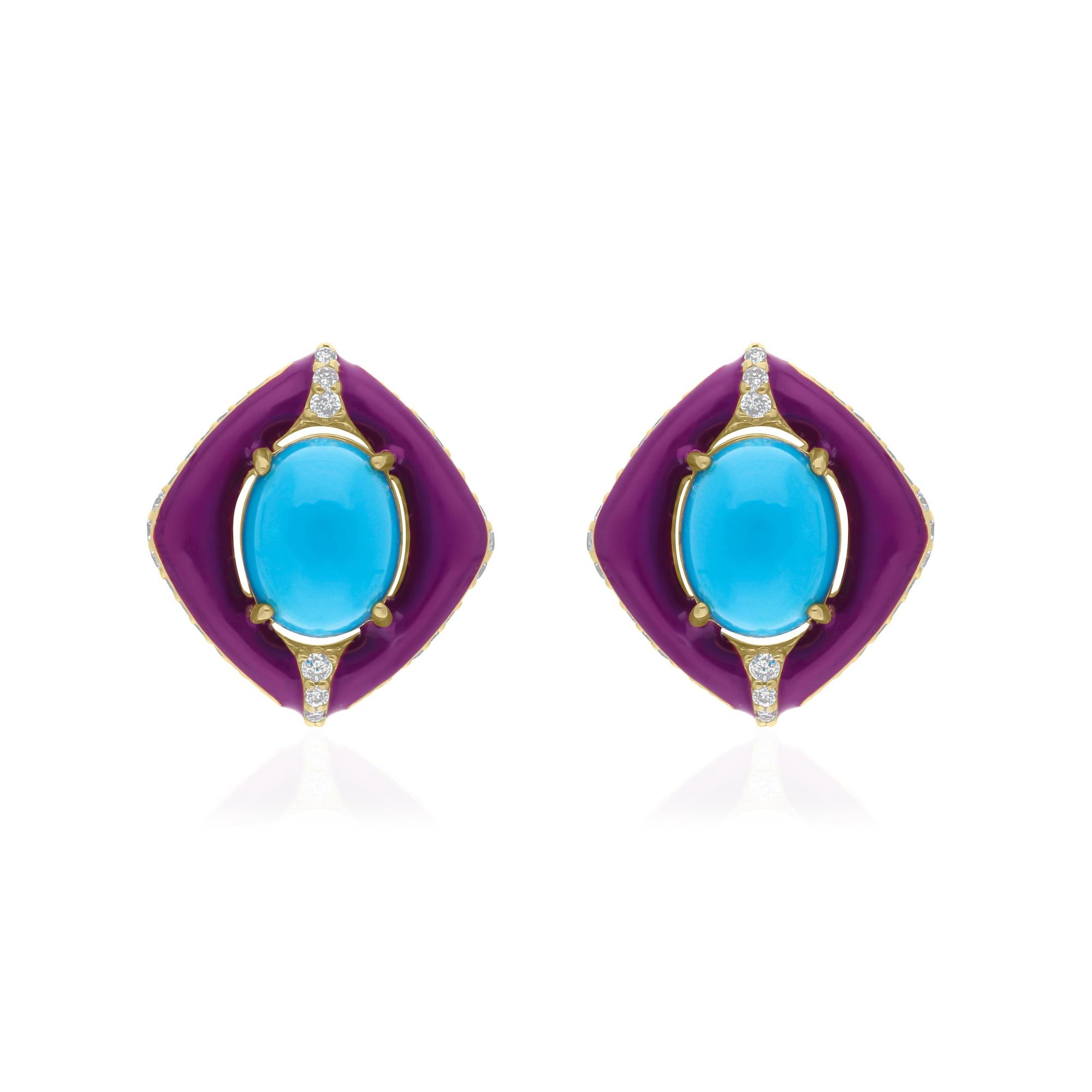 Taglio ovale Oval Turquoise Round Brilliant Diamond Enamel Stud Earrings 14k Yellow Gold in vendita