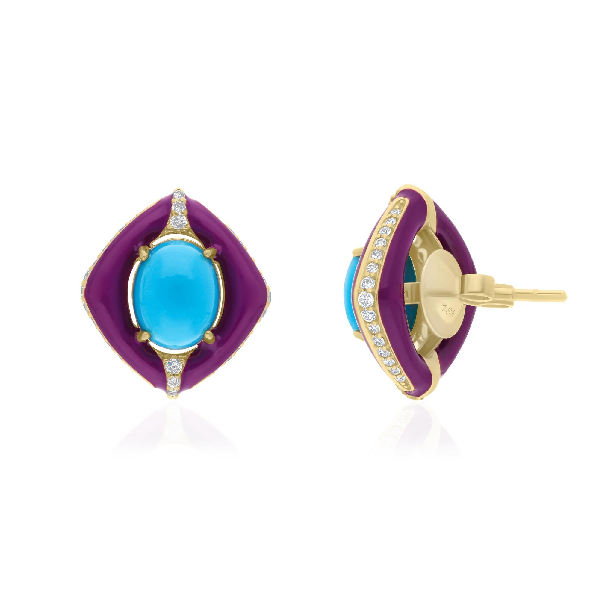 Oval Turquoise Round Brilliant Diamond Enamel Stud Earrings 14k Yellow Gold In condizioni Nuovo in vendita a Diera, Dubai