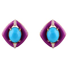 Oval Turquoise Round Brilliant Diamond Enamel Stud Earrings 14k Yellow Gold