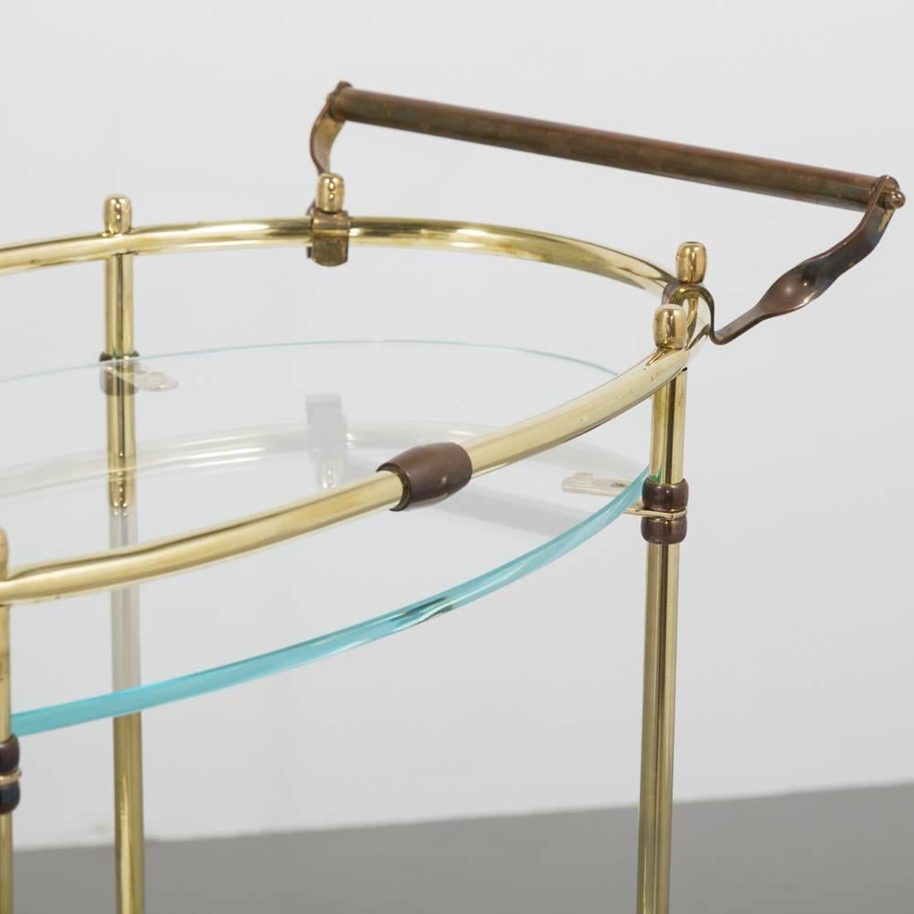 Mid-20th Century Oval Two-Tier Brass Framed Bar Cart with Glass Shelves, 1960s