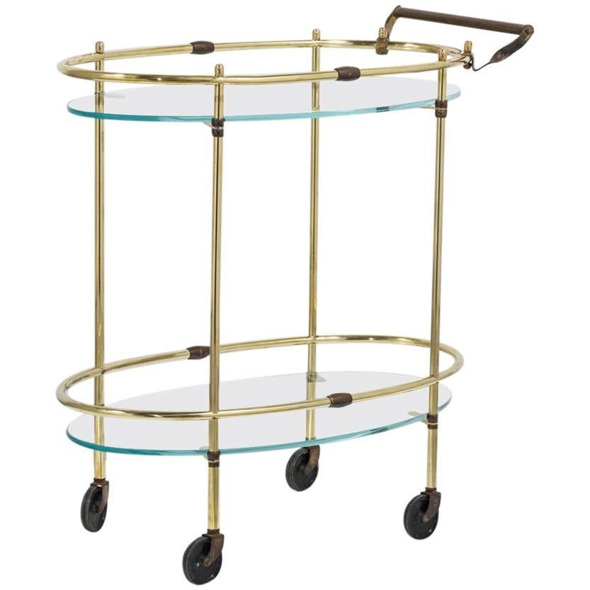 Oval Two-Tier Brass Framed Bar Cart with Glass Shelves, 1960s