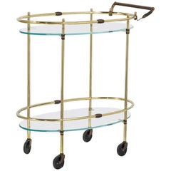Oval Two-Tier Brass Framed Bar Cart with Glass Shelves, 1960s