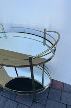 Vintage Oval Brass Bar Cart with Mirrored Shelves, Two-Tiered Design