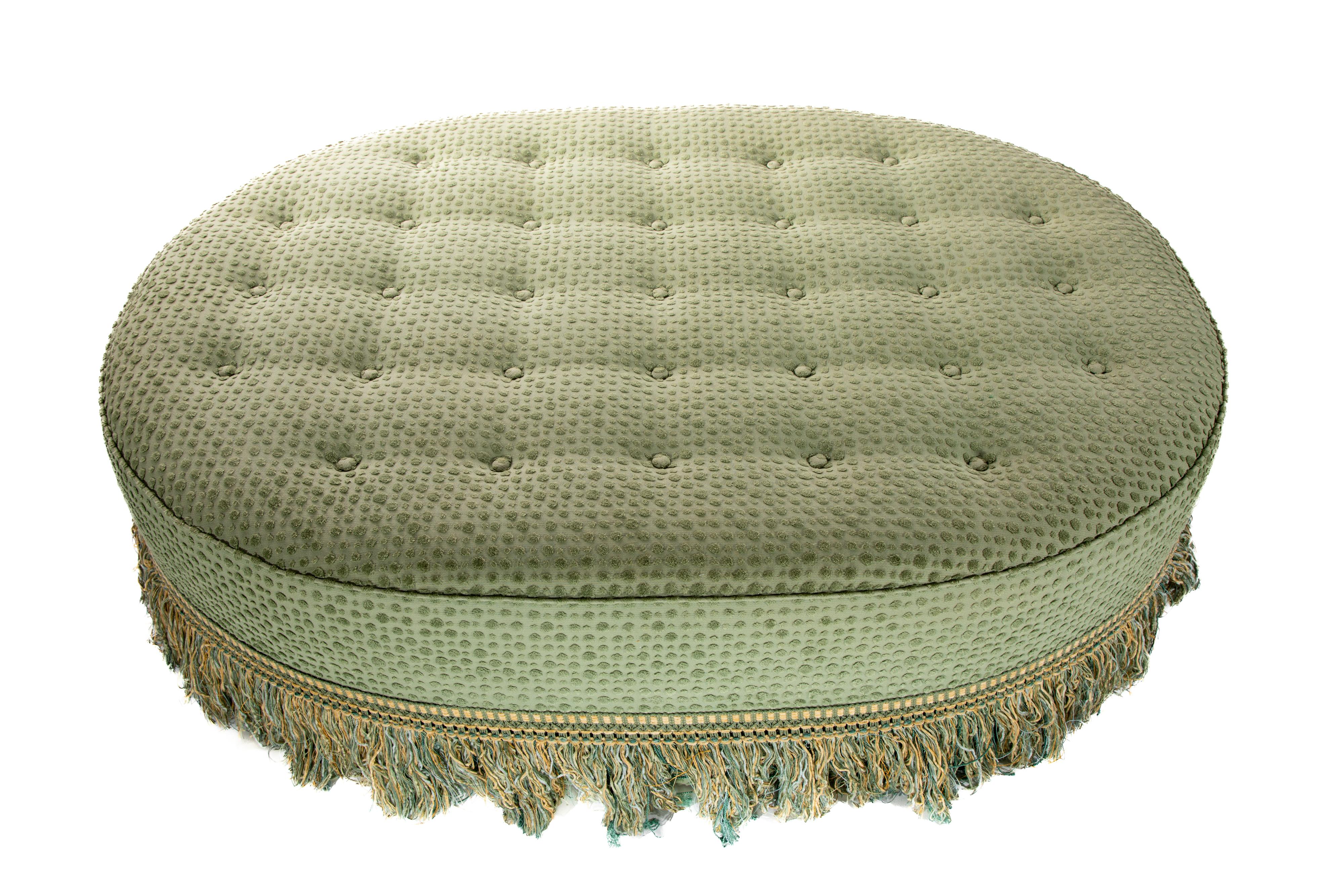 20th Century Oval Upholstered Tufted Ottoman For Sale