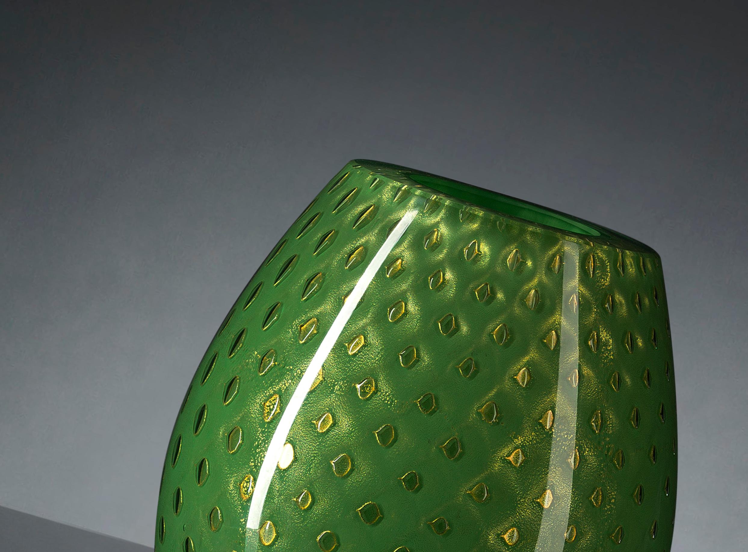 Italian Oval Vase Mocenigo, Muranese Glass, Gold 24-Karat and Dark Green, Italy For Sale