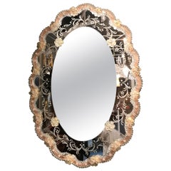 Oval Venetian Glass Framed Etched Mirror