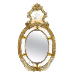 Miroir vénitien ovale en verre de Murano jaune et transparent