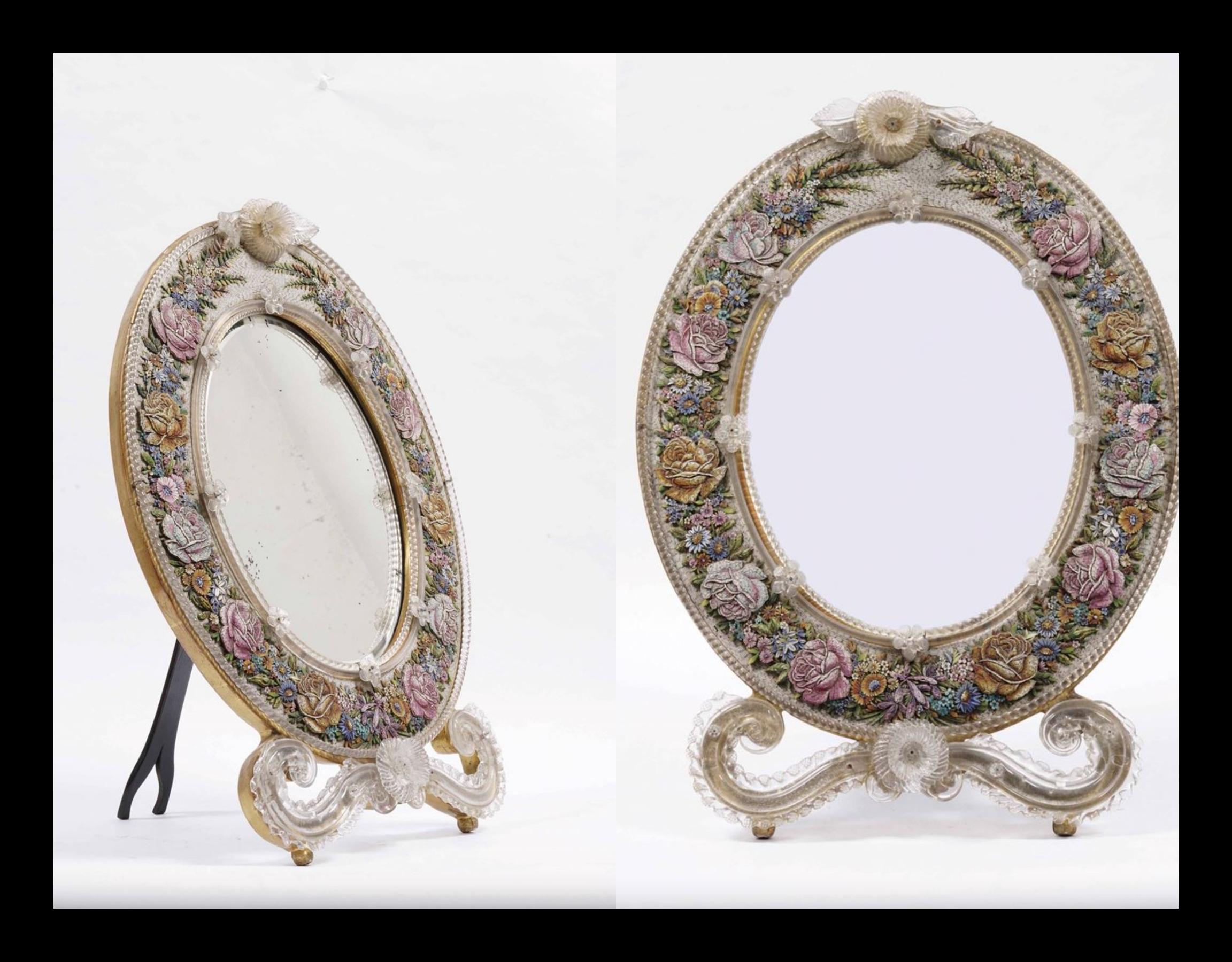 Modern Oval Venetian Mirror with Floral Micromosaic Frame.  20th century