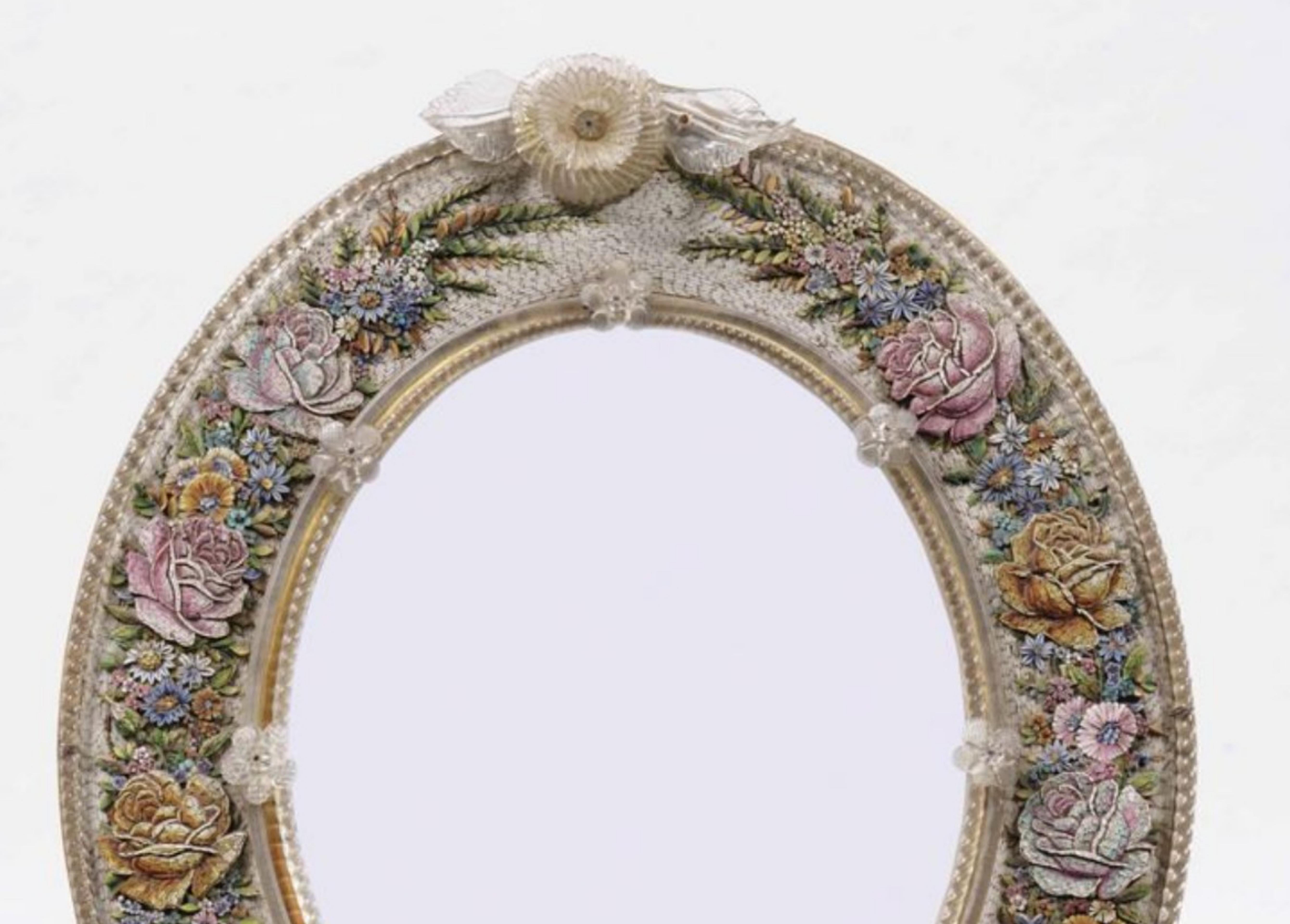 Italian Oval Venetian Mirror with Floral Micromosaic Frame.  20th century