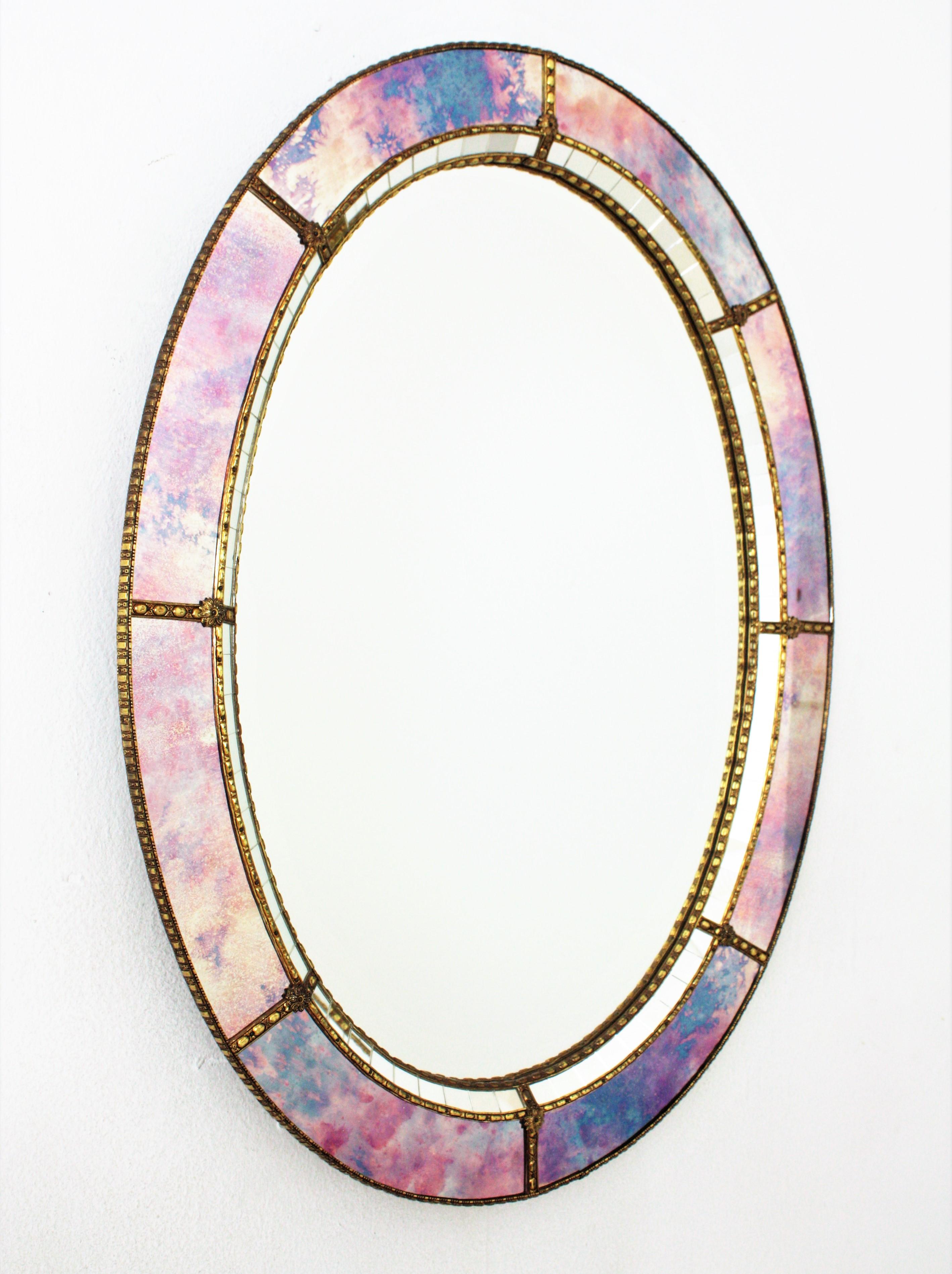 Hollywood Regency Oval Venetian Style Mirror with Brass Details