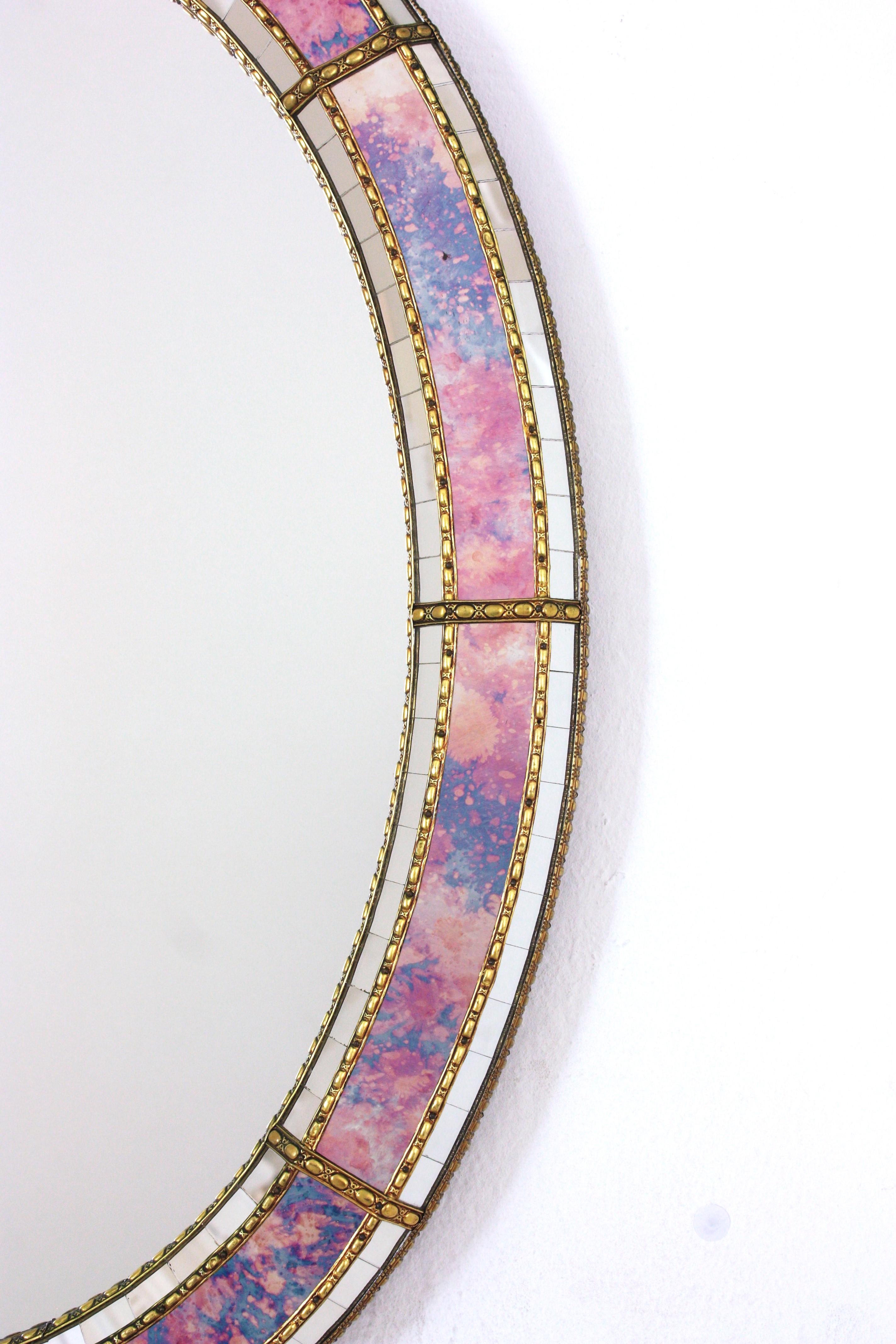 Oval Venetian Style Mirror with Pink Purple Glass and Brass Details 2