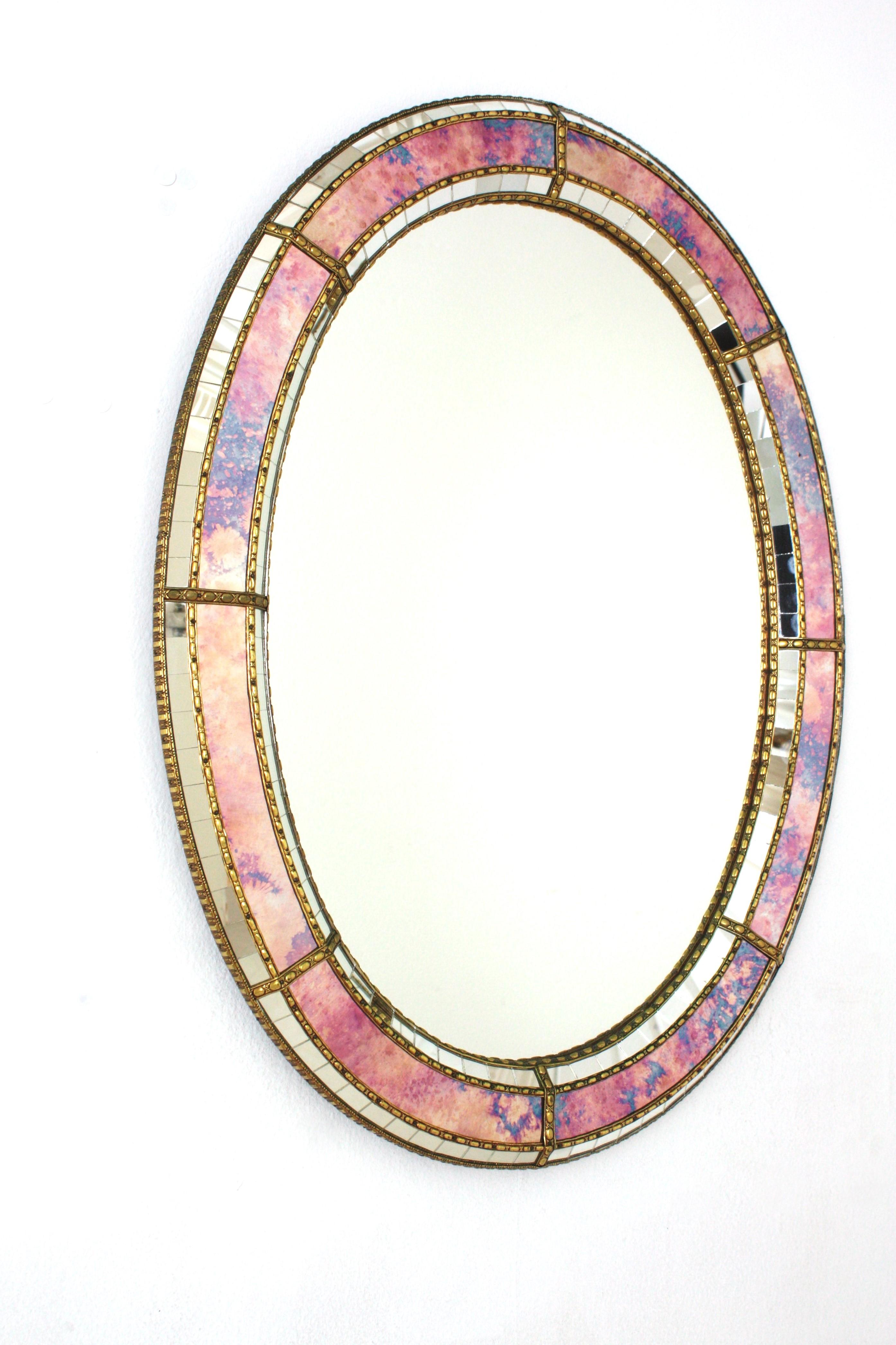 Hollywood Regency Oval Venetian Style Mirror with Pink Purple Glass and Brass Details