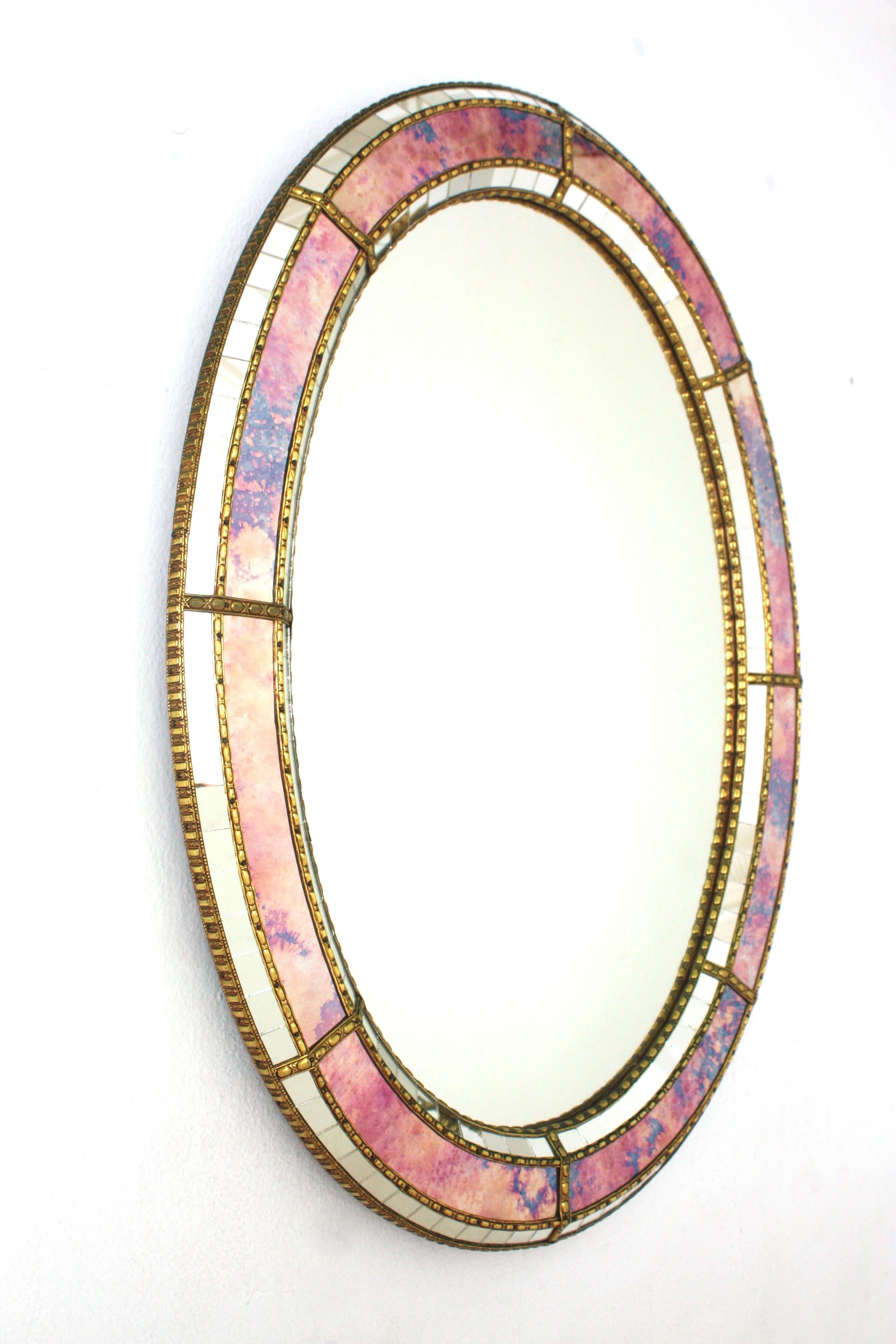 Spanish Oval Venetian Style Mirror with Pink Purple Glass and Brass Details