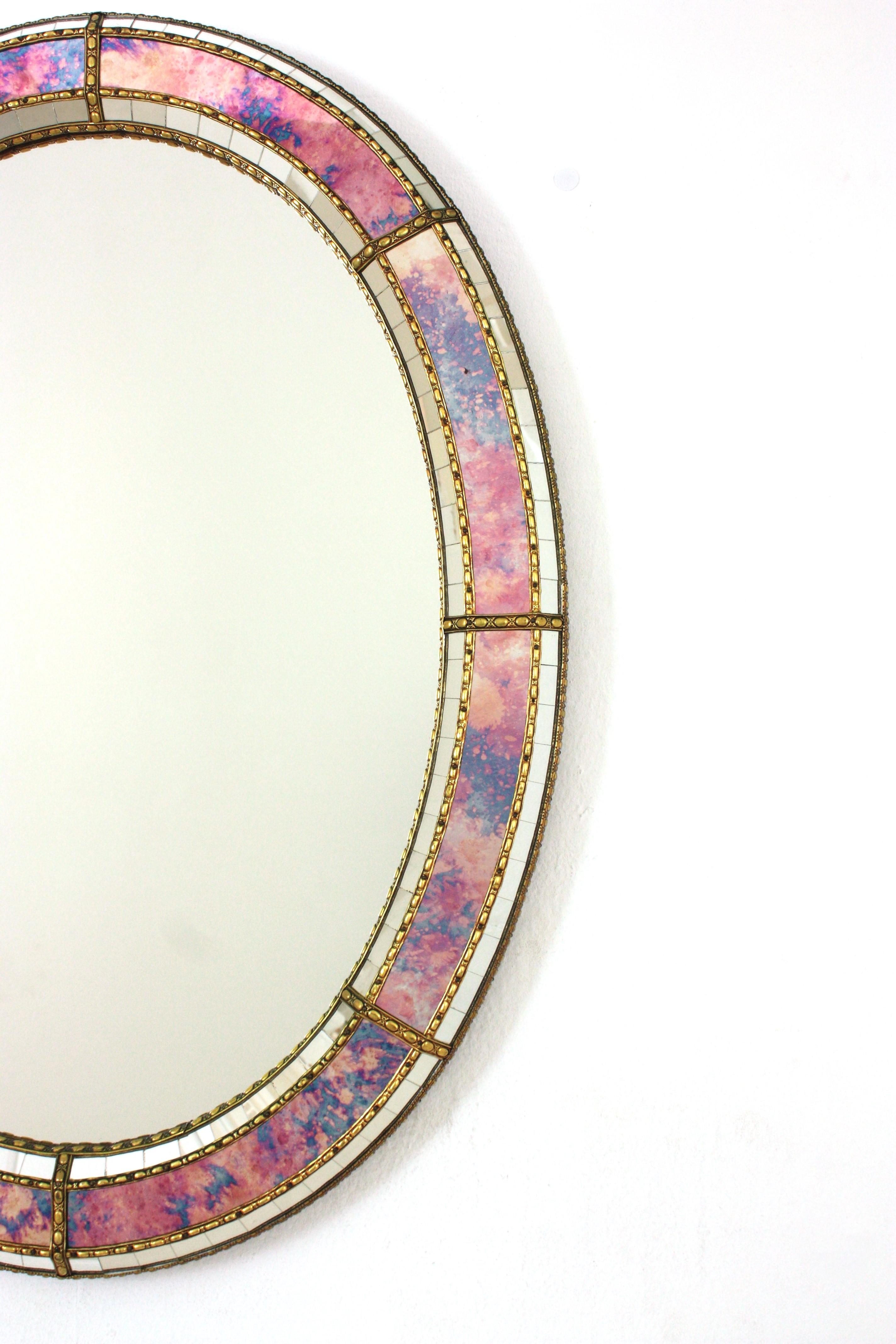 20th Century Oval Venetian Style Mirror with Pink Purple Glass and Brass Details