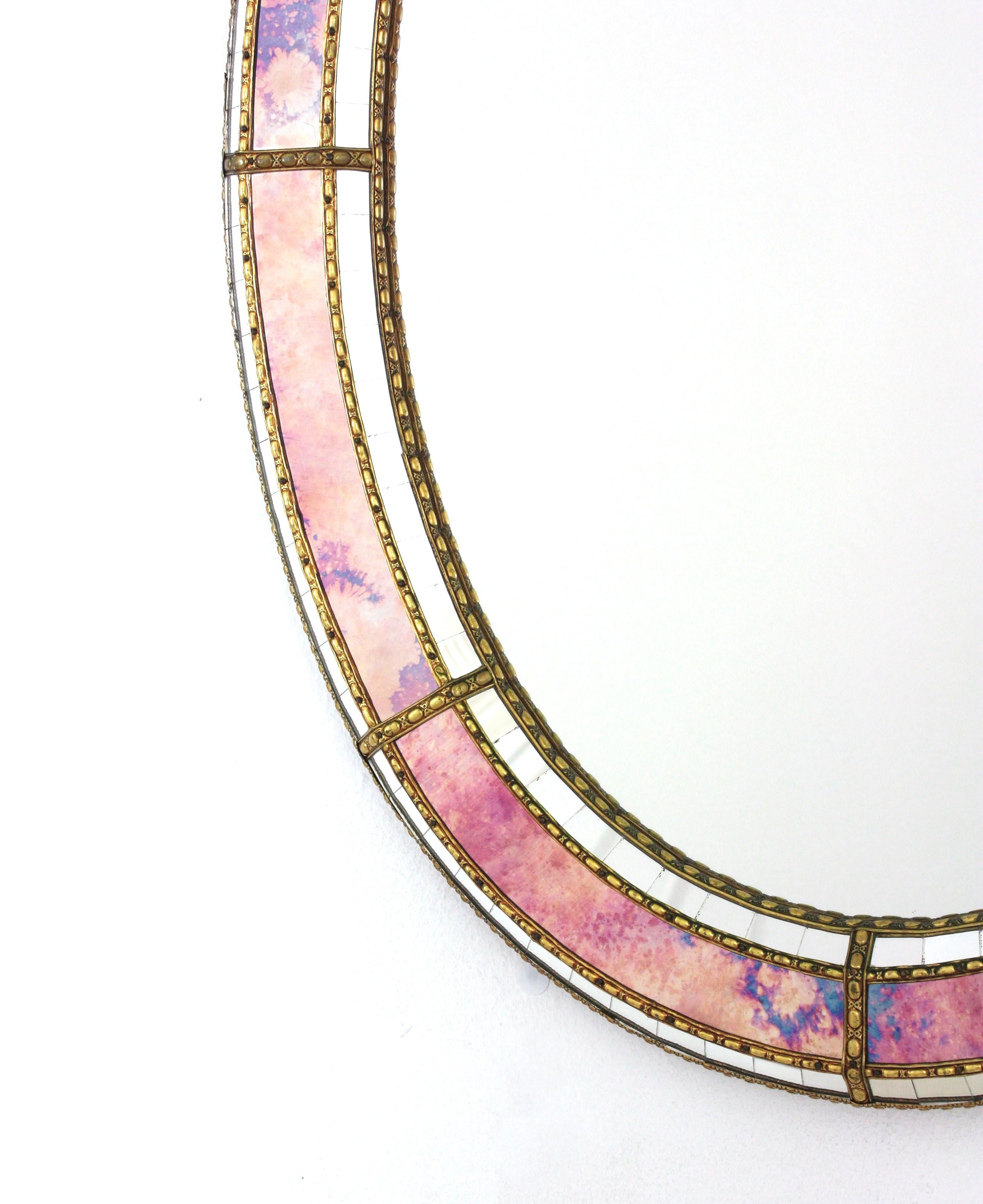 Metal Oval Venetian Style Mirror with Pink Purple Glass and Brass Details