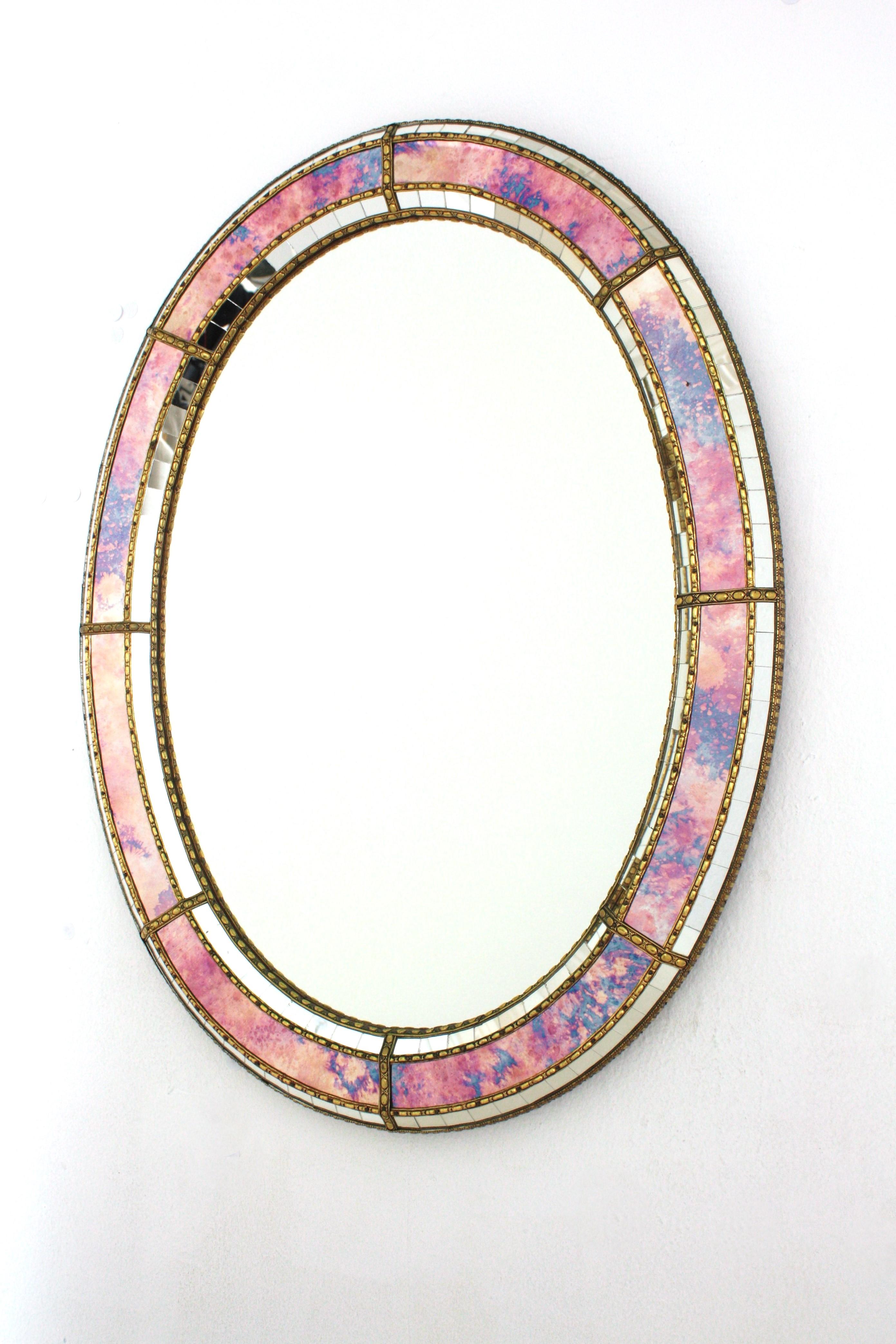 Oval Venetian Style Mirror with Pink Purple Glass and Brass Details 1