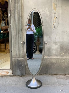 Oval Vertical "Psiche" Tilting Mirror Chromed Metal and Green Marble Base, 1950s