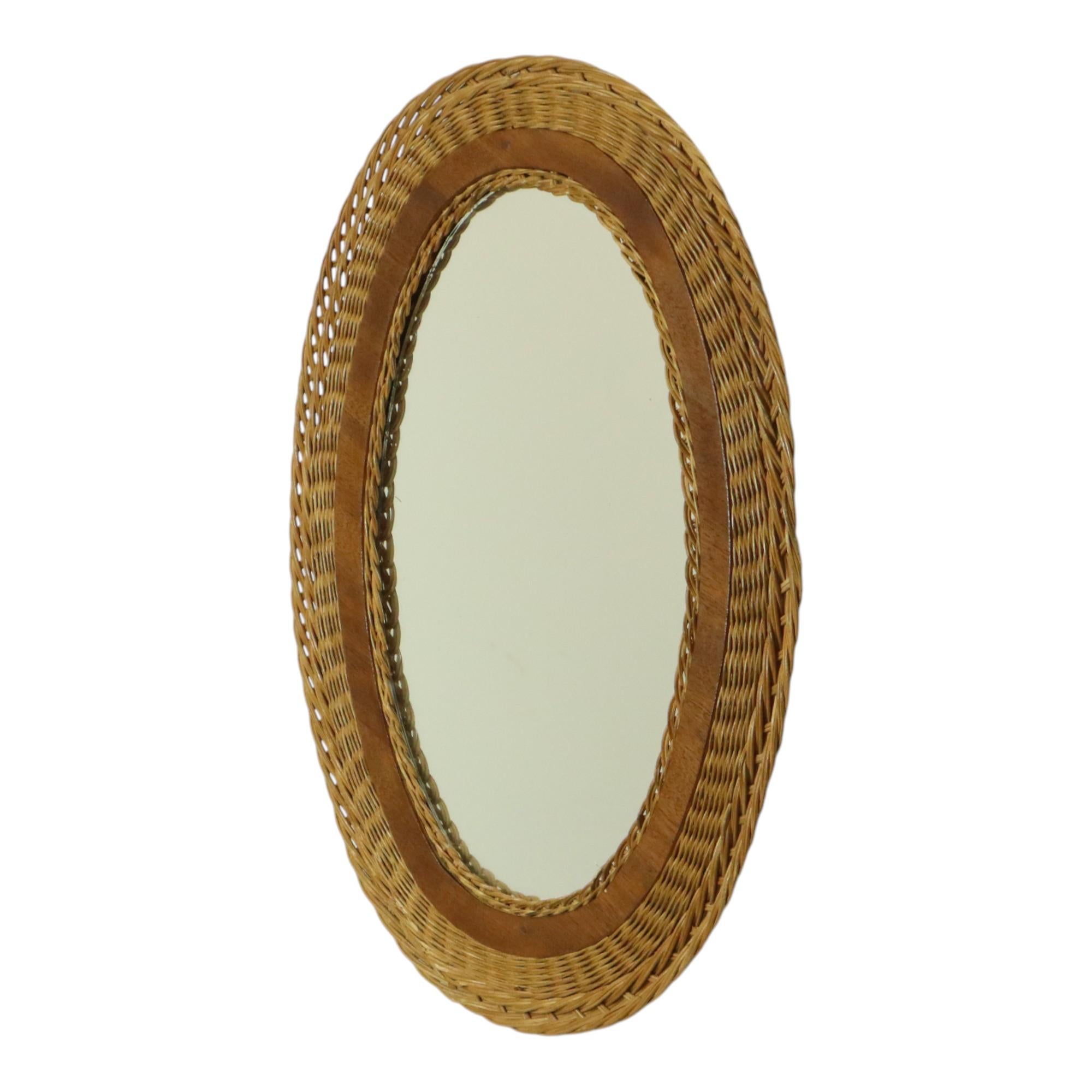 Miroir Ovale Vintage Rotin et Teck Style Boho Fifties 51cm en vente 5