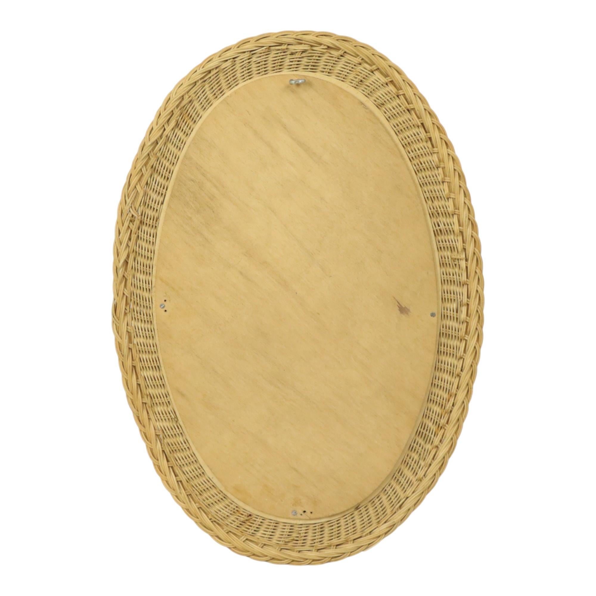 Miroir Ovale Vintage Rotin et Teck Style Boho Fifties 51cm en vente 7