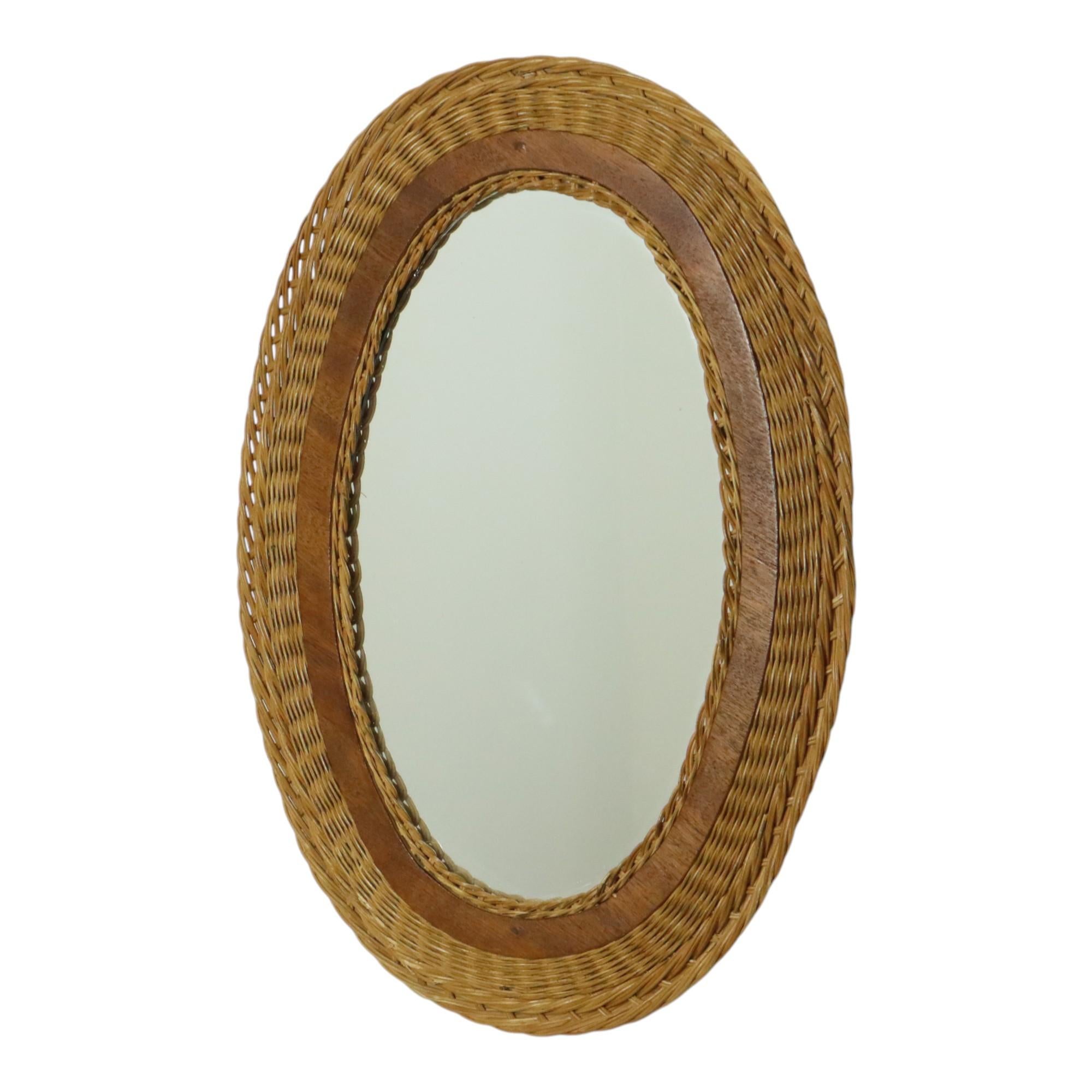 Bohème Miroir Ovale Vintage Rotin et Teck Style Boho Fifties 51cm en vente