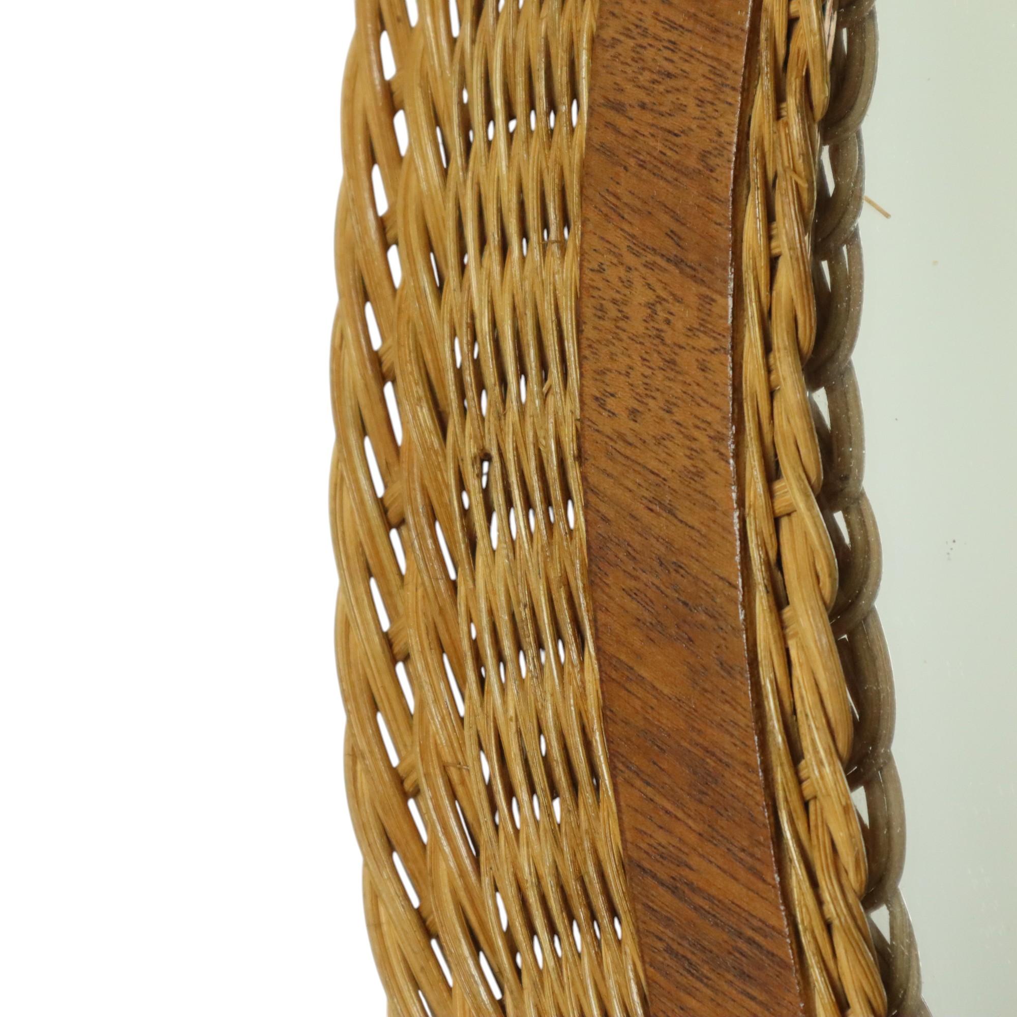 Miroir Ovale Vintage Rotin et Teck Style Boho Fifties 51cm en vente 1