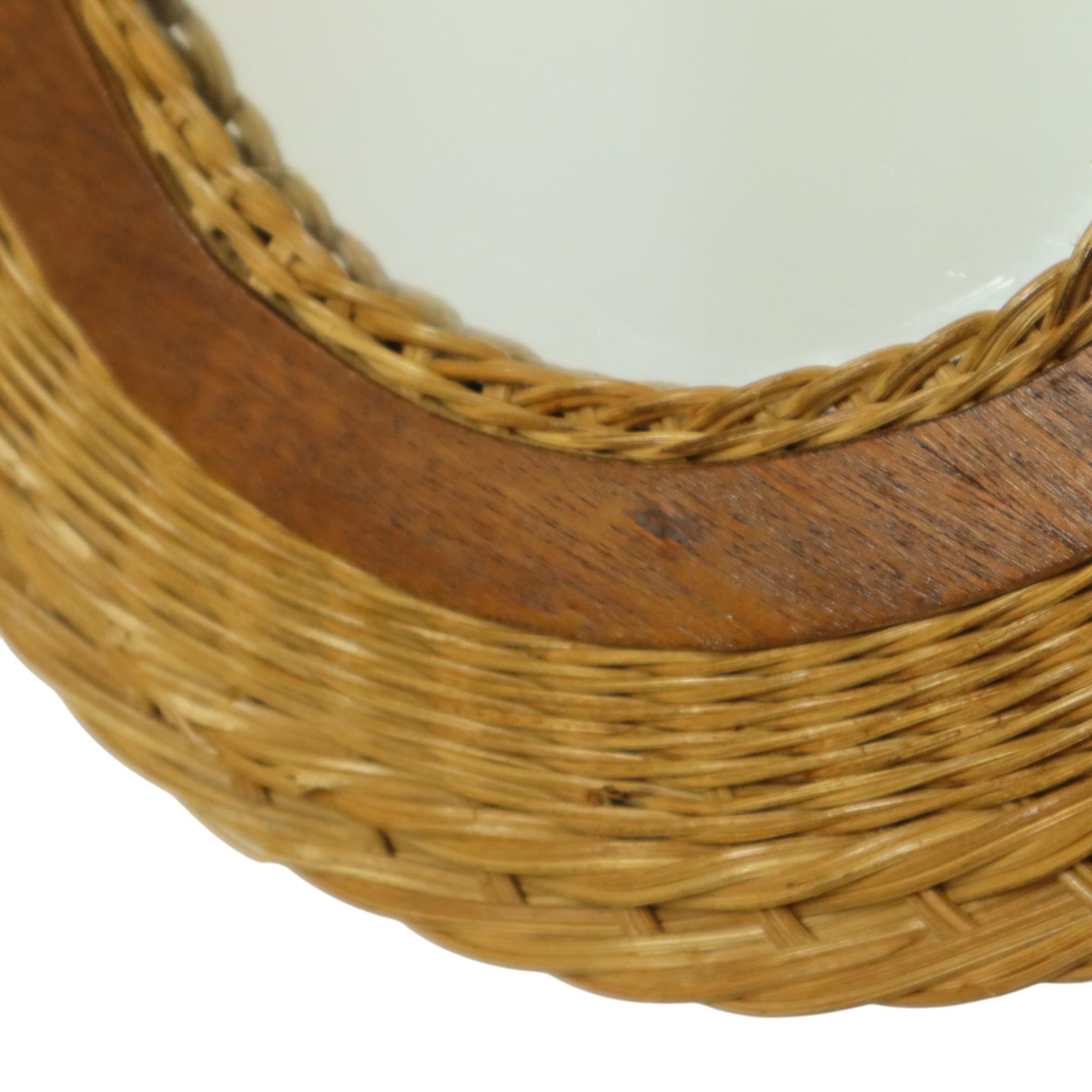 Miroir Ovale Vintage Rotin et Teck Style Boho Fifties 51cm en vente 3