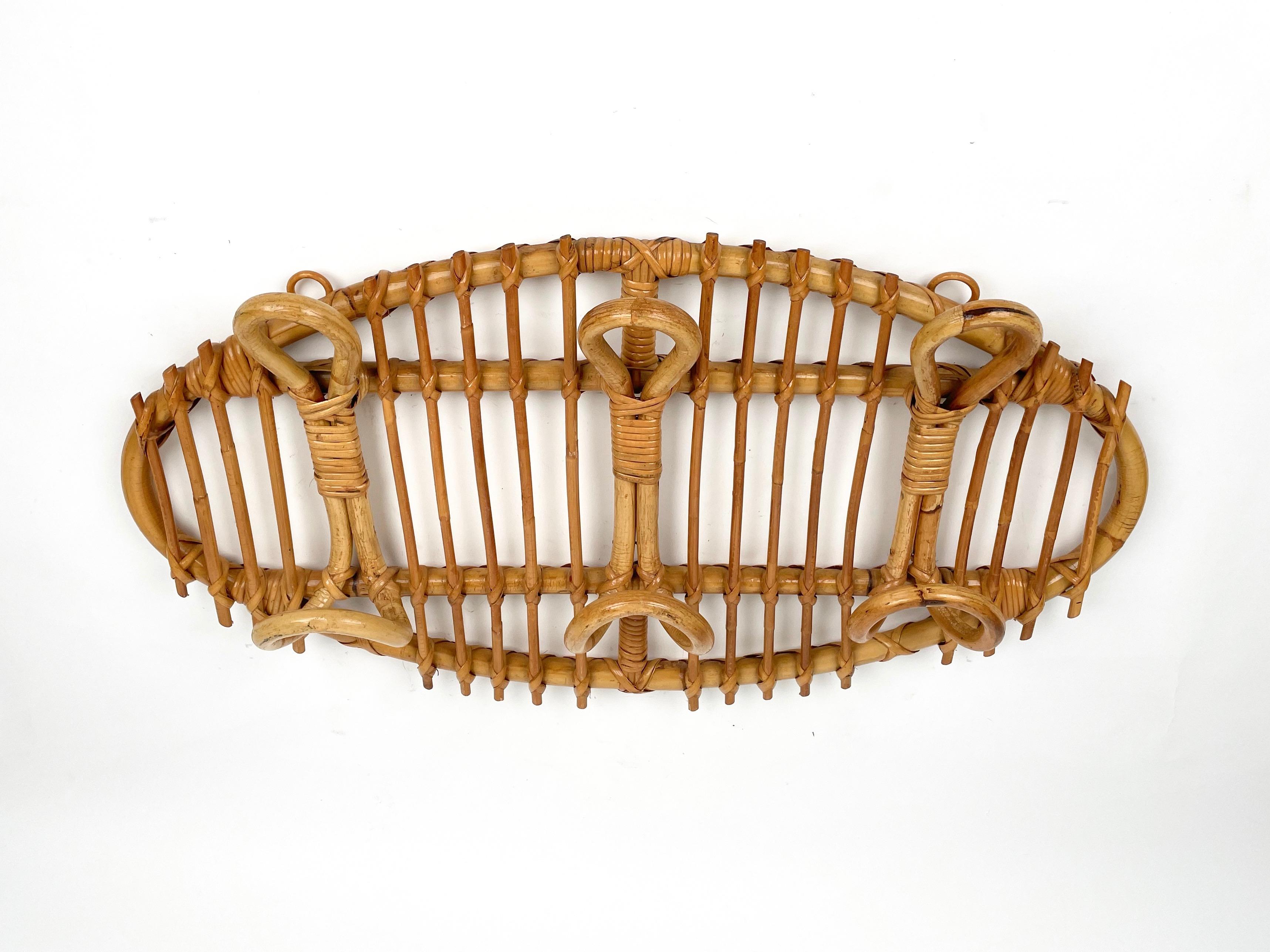 Italian Oval Vintage Rattan & Bamboo Coat Rack Stand, Italy, 1960s