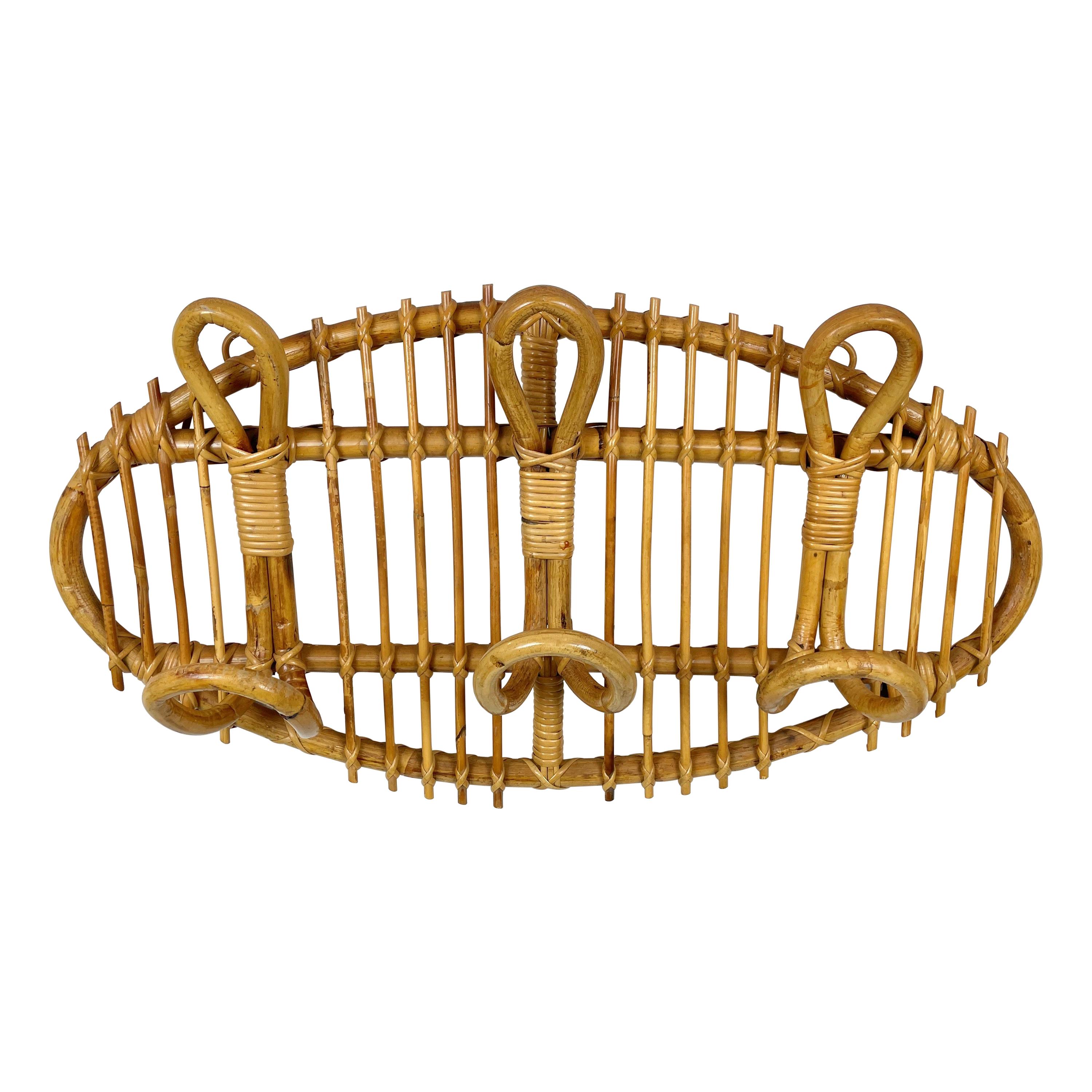 Oval Vintage Rattan & Bamboo Coat Rack Stand, Italy, 1960s