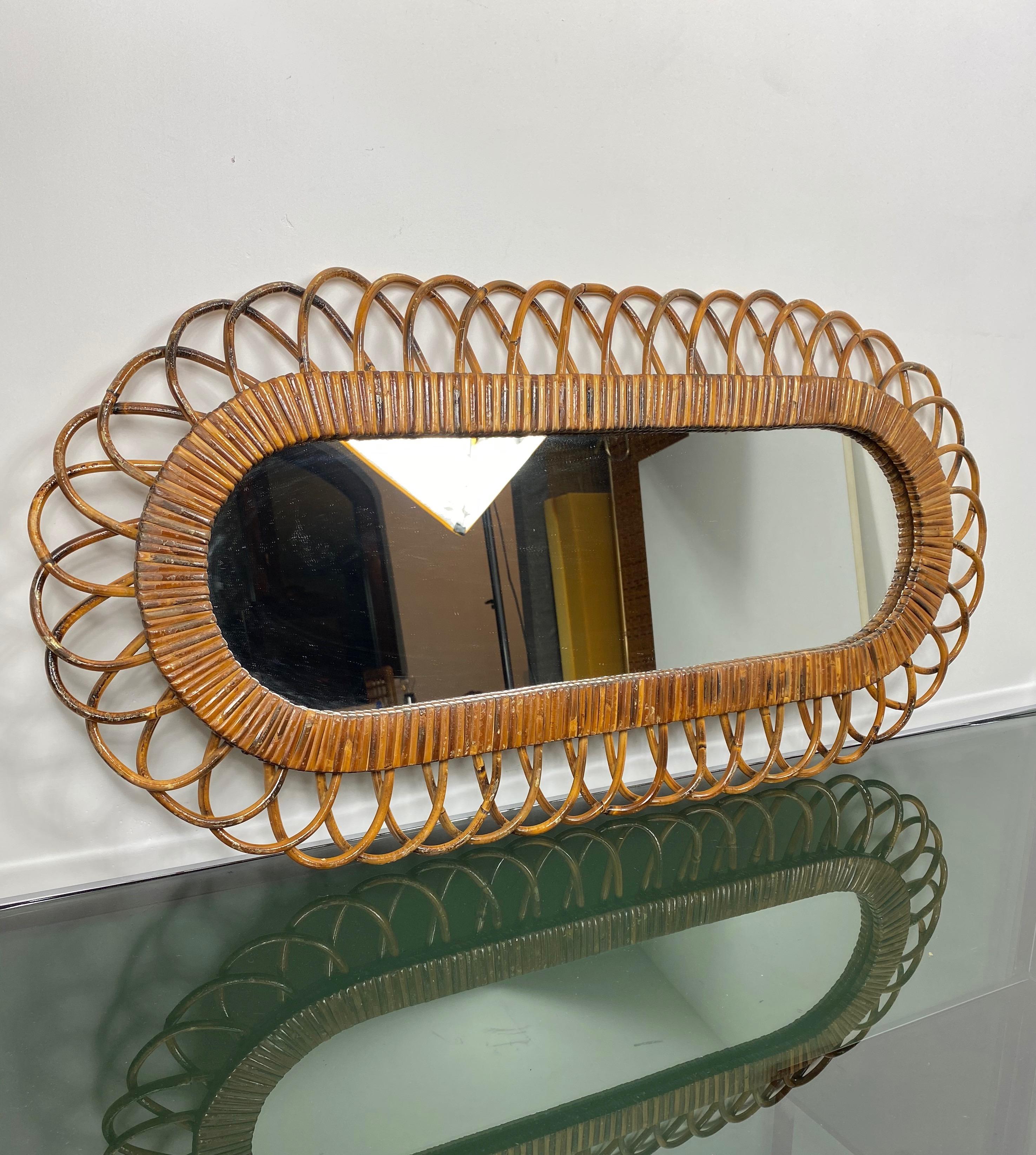 Mid-Century Modern Oval Wall Mirror in Bamboo and Ratta, Italy, 1960s