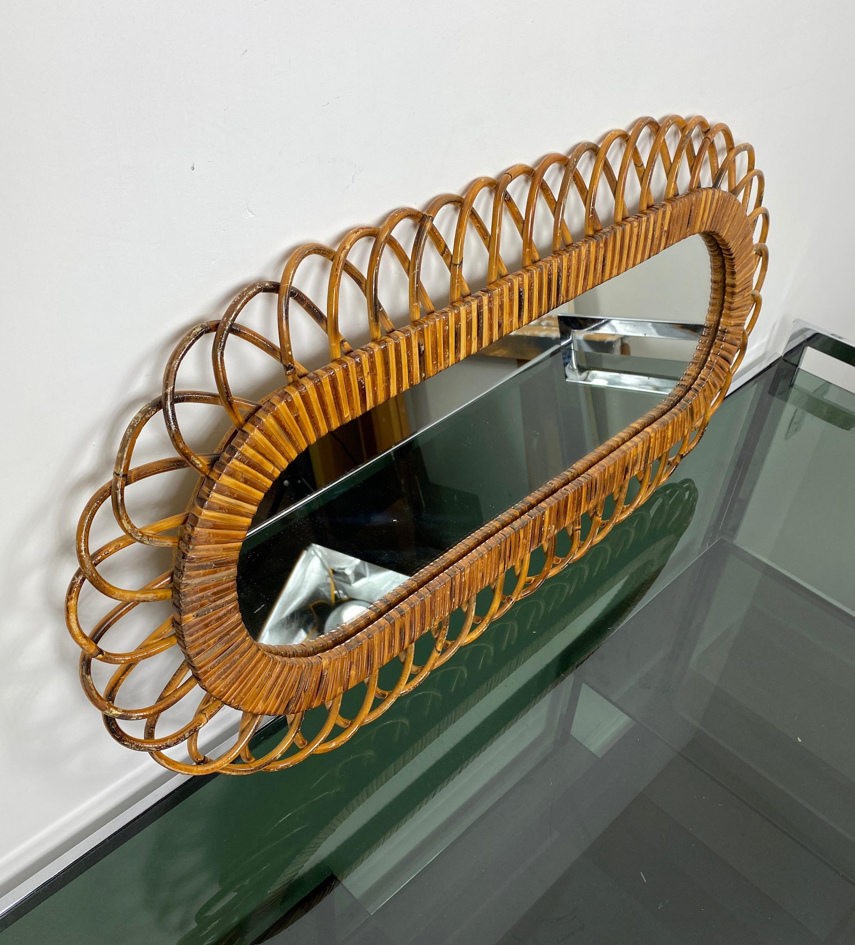 Oval Wall Mirror in Bamboo and Ratta, Italy, 1960s In Good Condition In Rome, IT