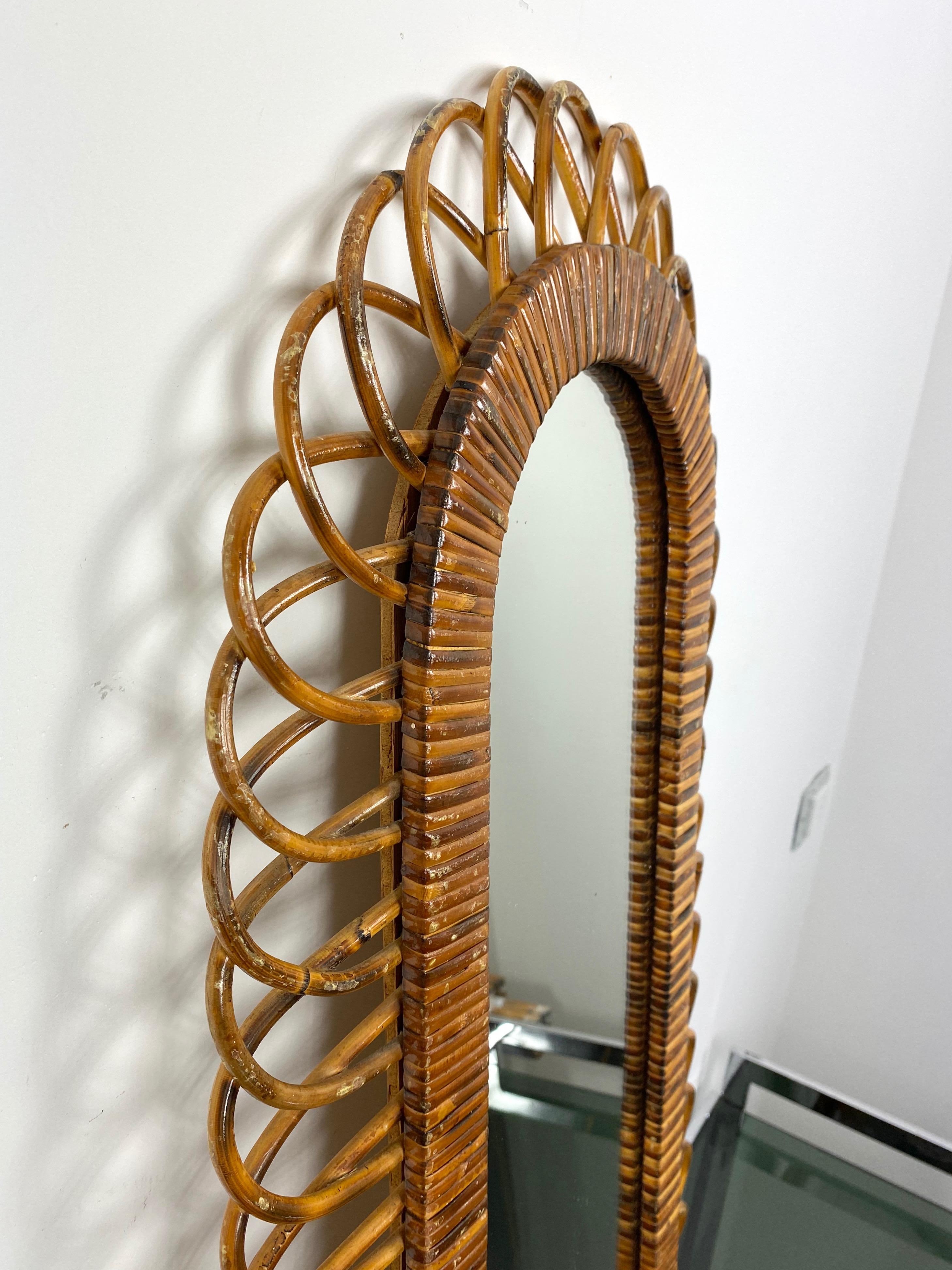 Mid-20th Century Oval Wall Mirror in Bamboo and Ratta, Italy, 1960s