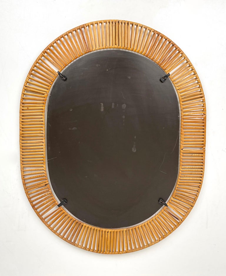 Oval Wall Mirror in Rattan & Iron, Italy, 1960s For Sale 5