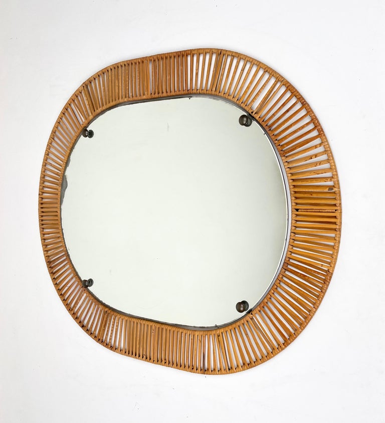 Mid-20th Century Oval Wall Mirror in Rattan & Iron, Italy, 1960s For Sale