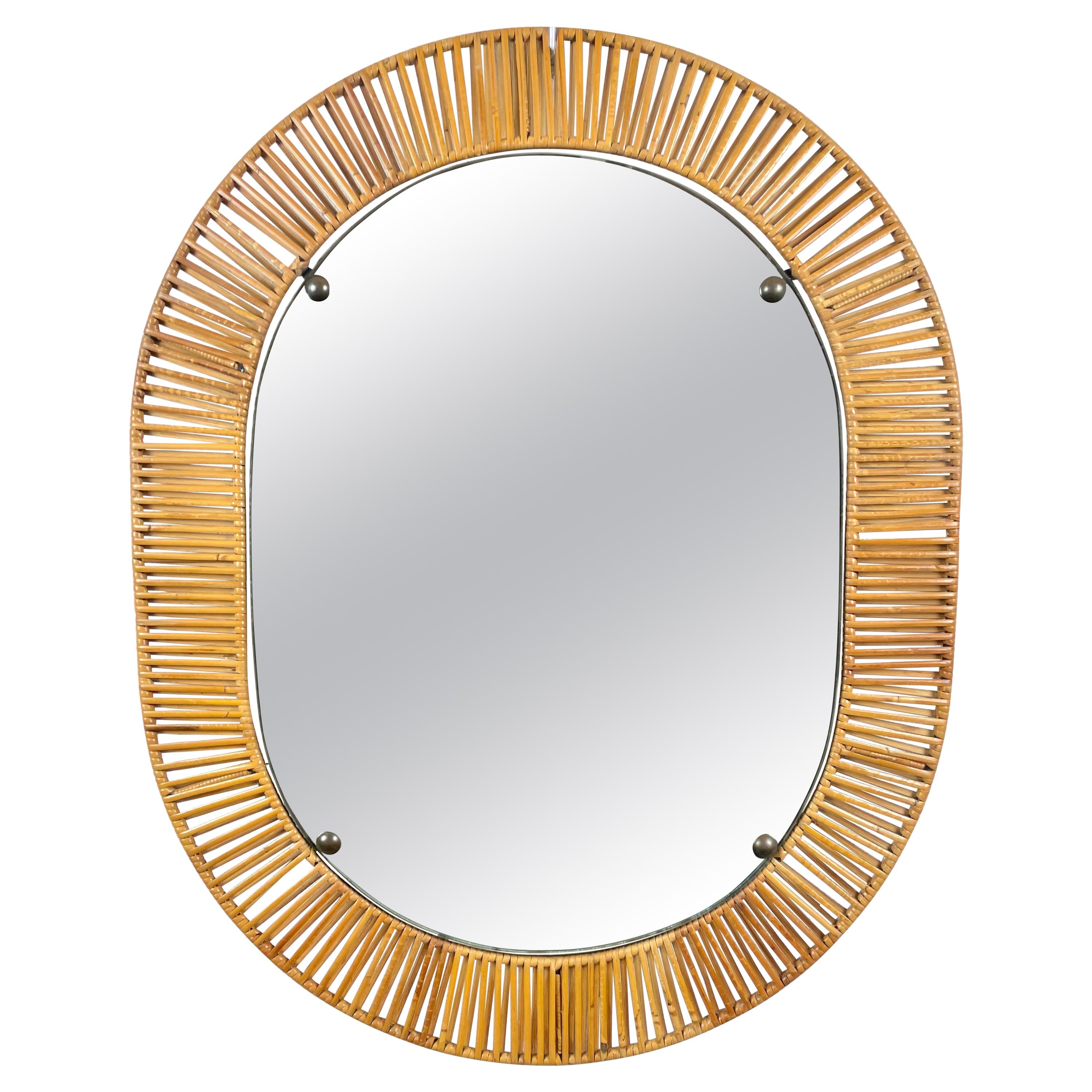 Oval Wall Mirror in Rattan & Iron, Italy, 1960s