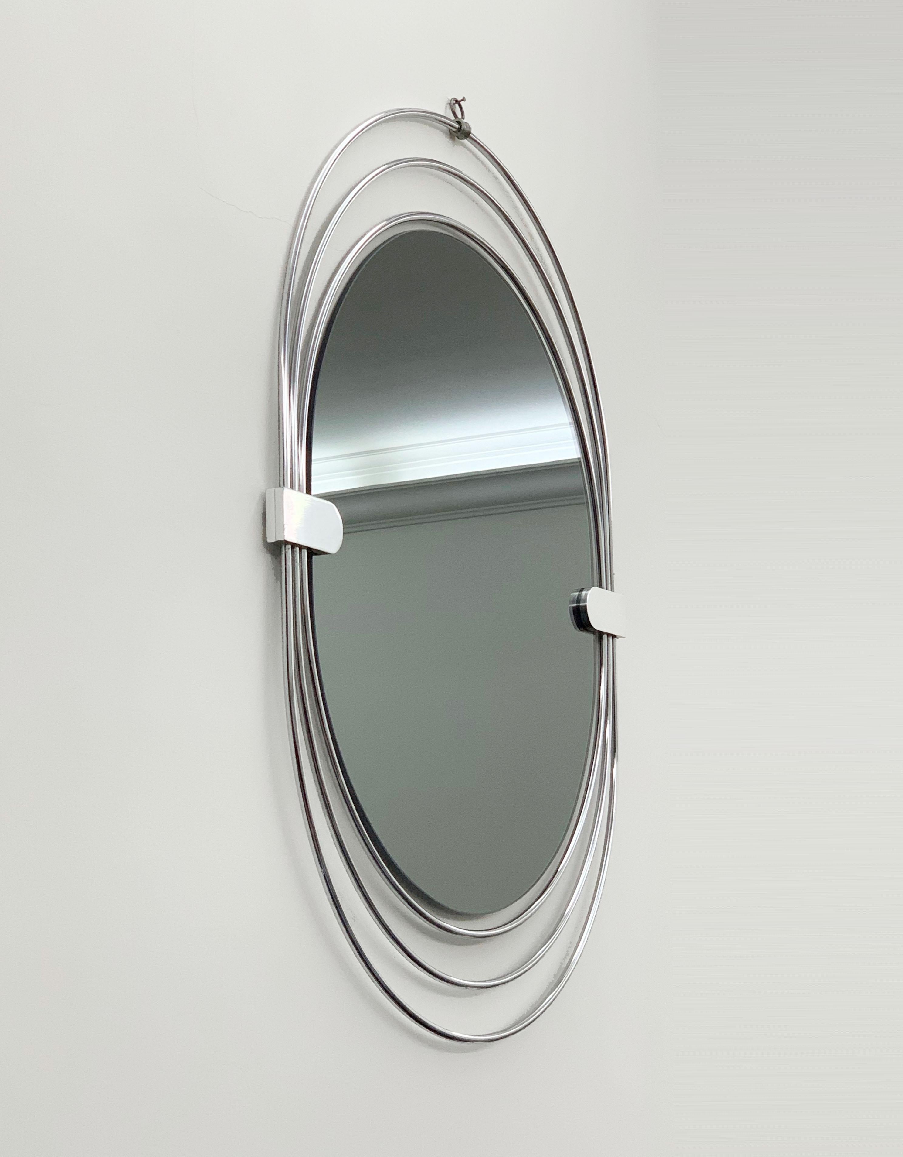 Oval Wall Mirror in Stainless Steel, Triple Frame, Smoked Mirror, Italy, 1970s For Sale 4