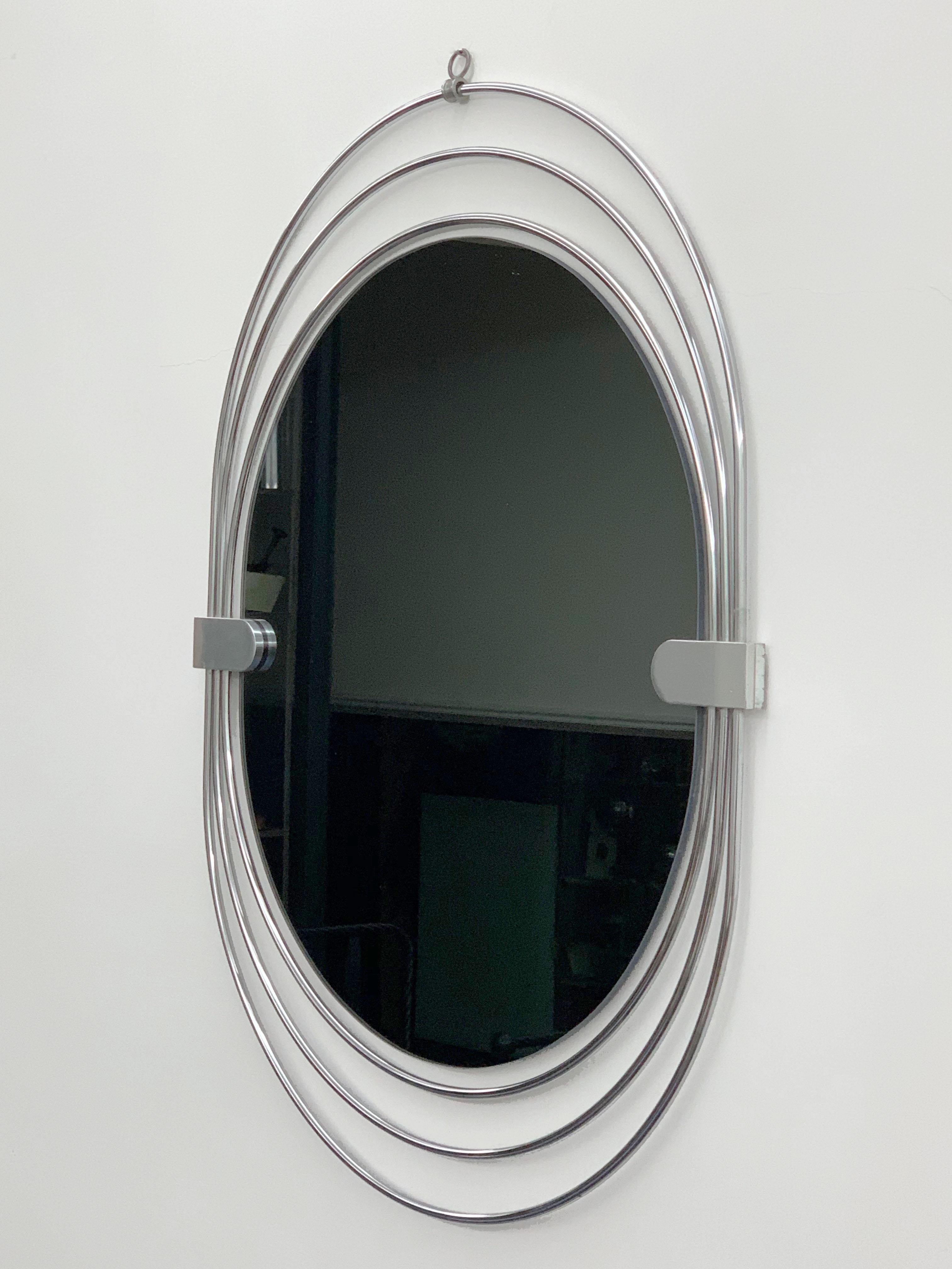 Oval Wall Mirror in Stainless Steel, Triple Frame, Smoked Mirror, Italy, 1970s For Sale 6